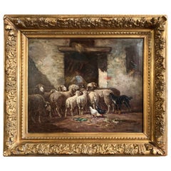 Early 20th Century Oil on Canvas Sheep Painting in Gilt Frame Signed Desvarreux