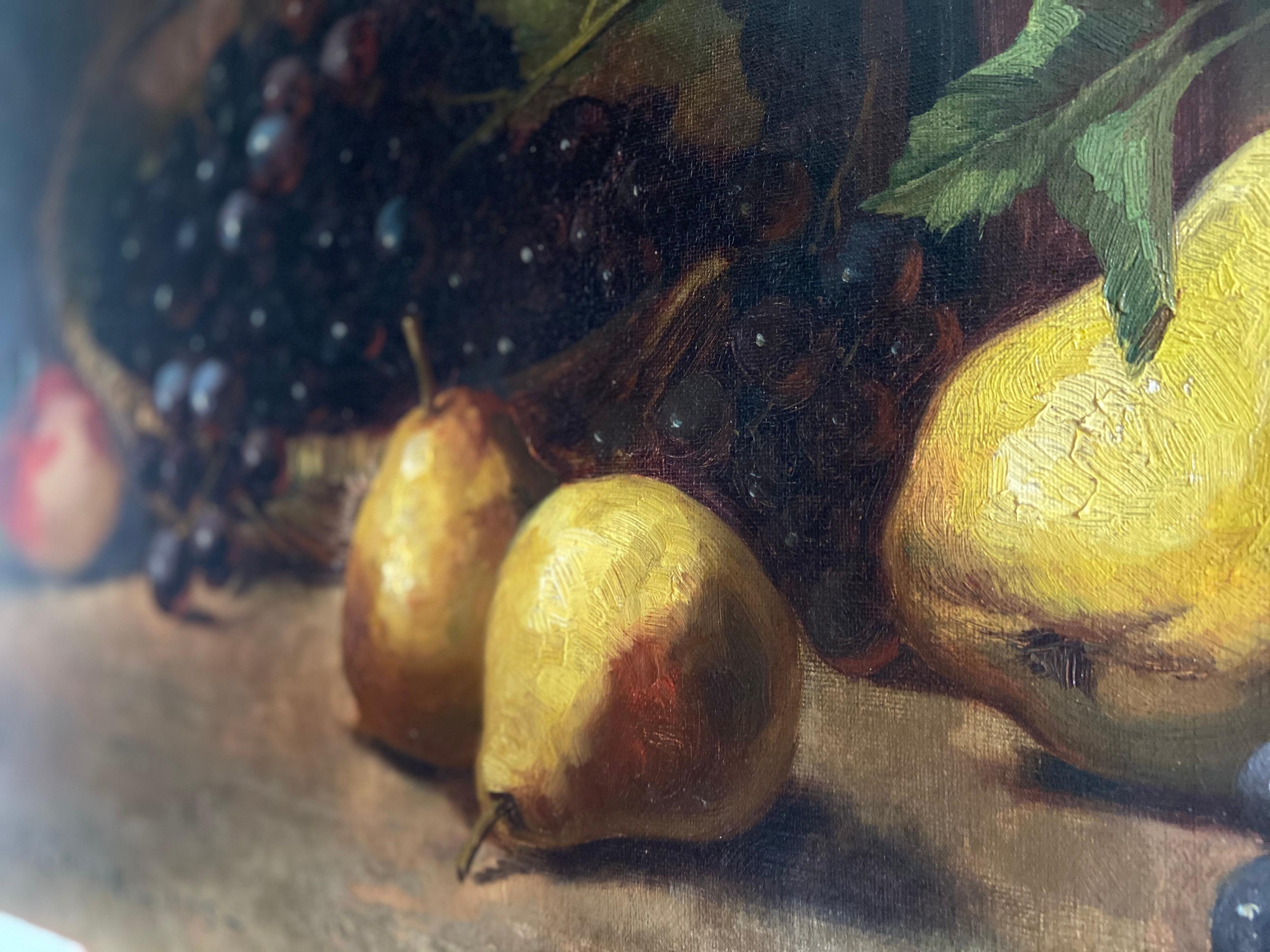 Nature morte aux fruits sur fond sombre signée en bas à gauche par Zimmer en 1905.
Huile sur toile.
Allemagne.
