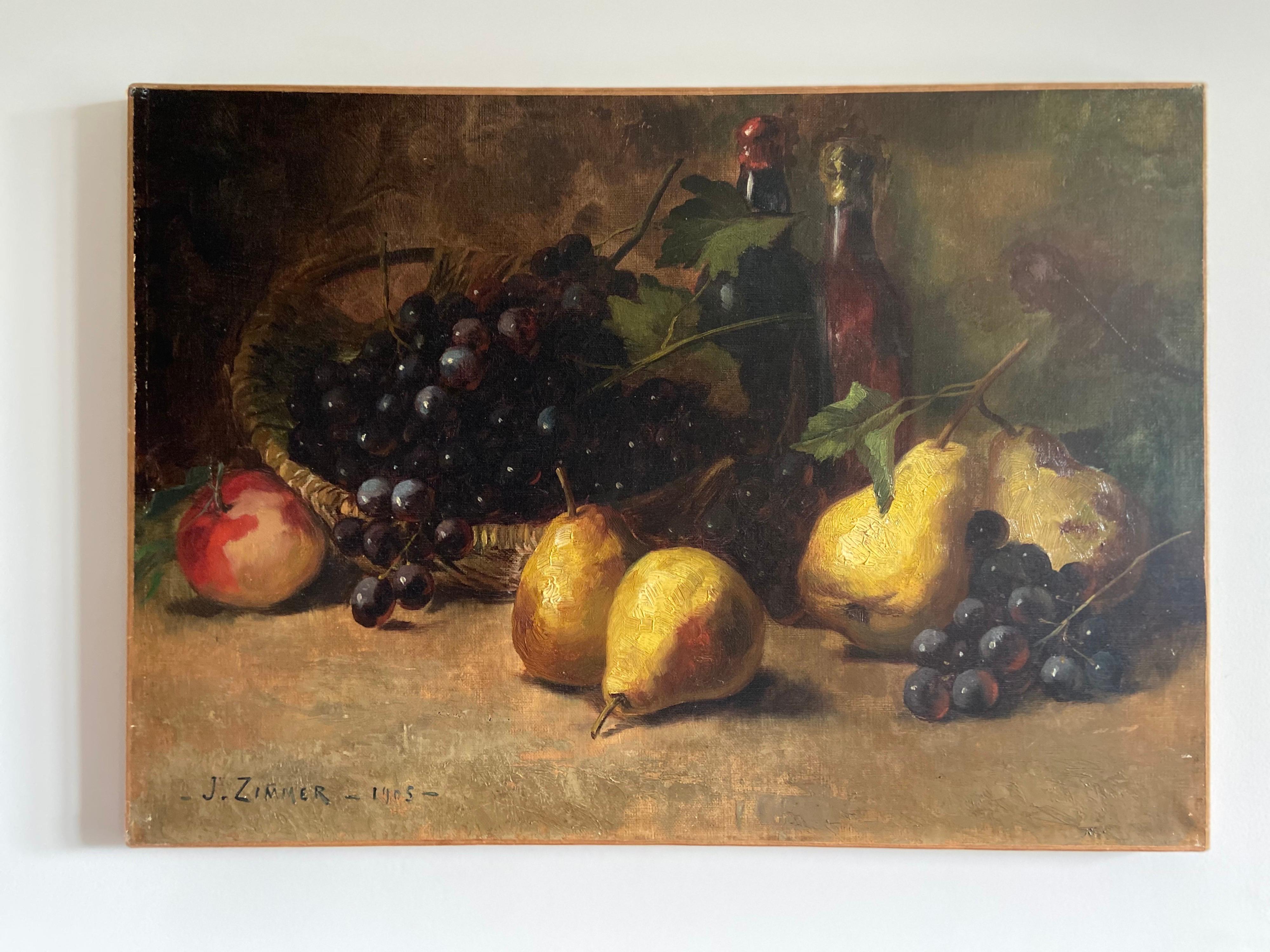 Huilé Début du 20e siècle Huile sur toile Nature morte aux fruits Signée par J. Zimmer en vente