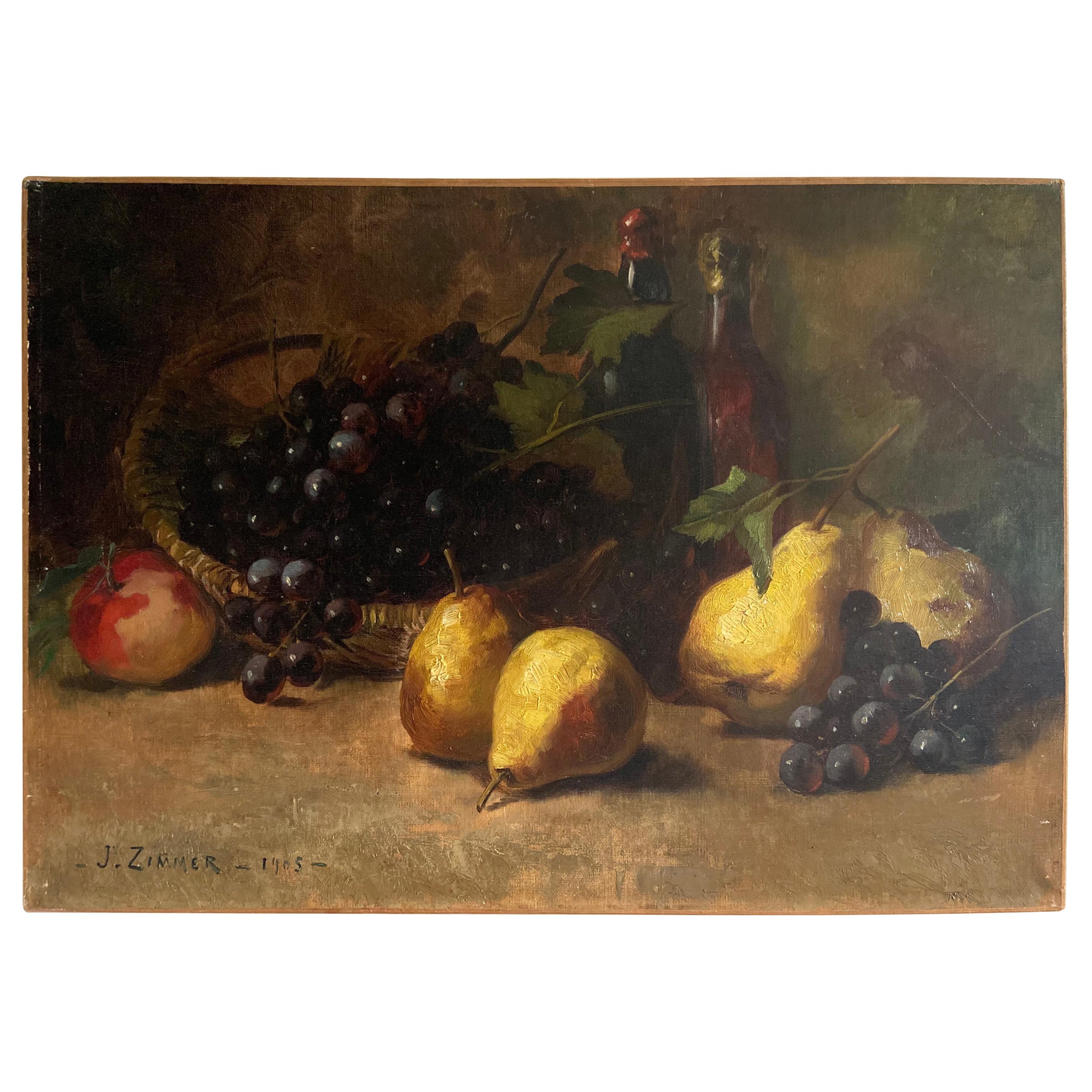Early 20th Century Oil on Canvas Still Life with Fruits Signed by J. Zimmer