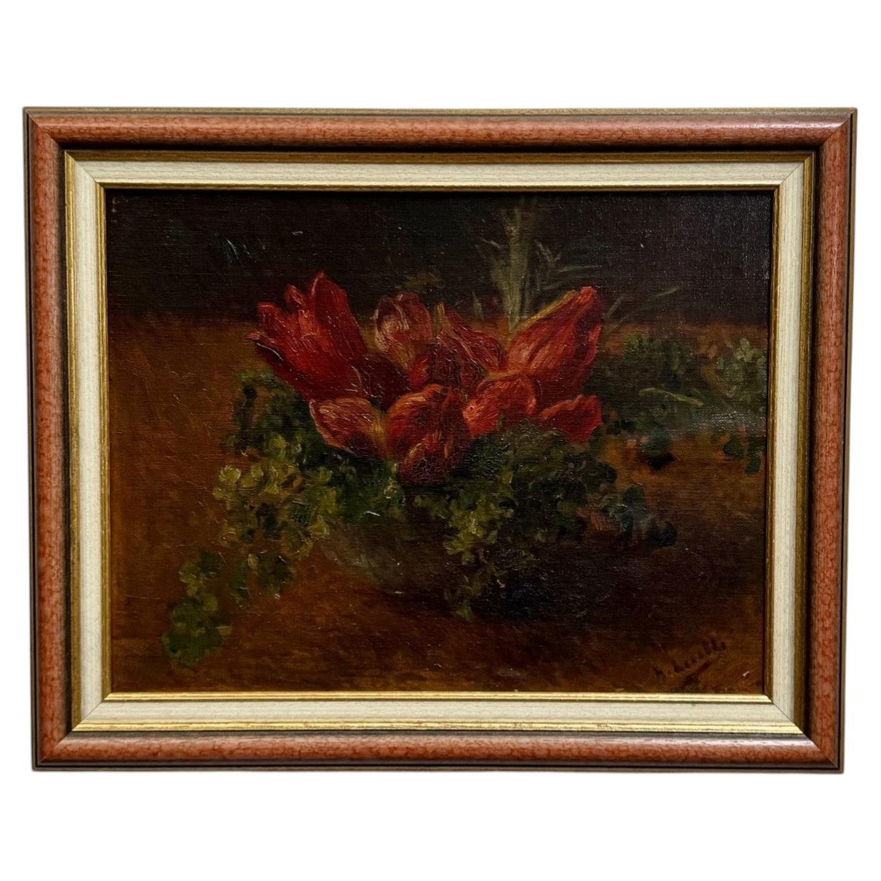 Early 20th-century oil on panel still life with tulips For Sale