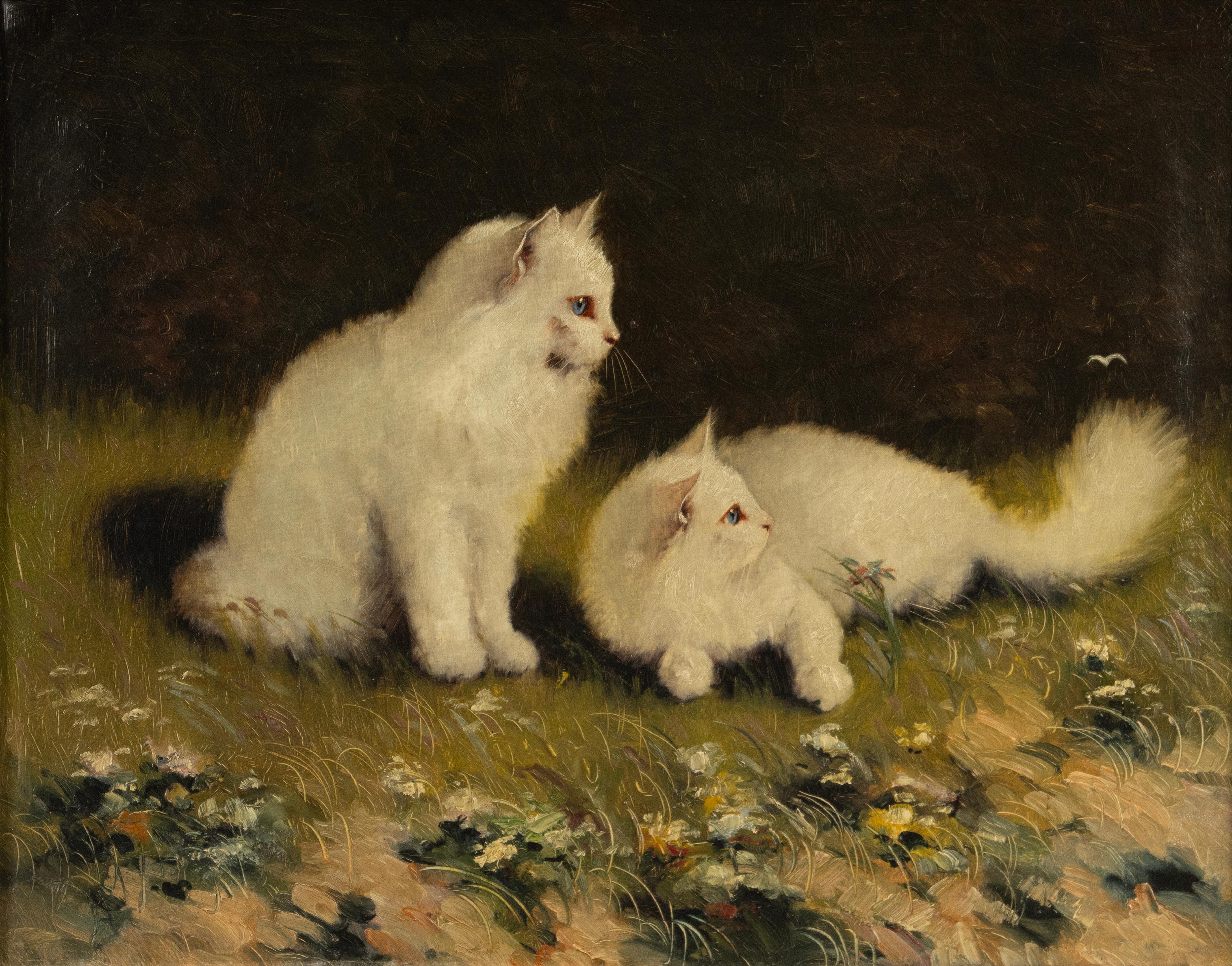 A beautiful antique oil painting, two angora cats sitting in the garden, made by the Hungarian artist Benö Boleradszky.
Beautifully executed with beautiful use of color. Signed top right, not clearly visible, signed dark. The painting is framed a