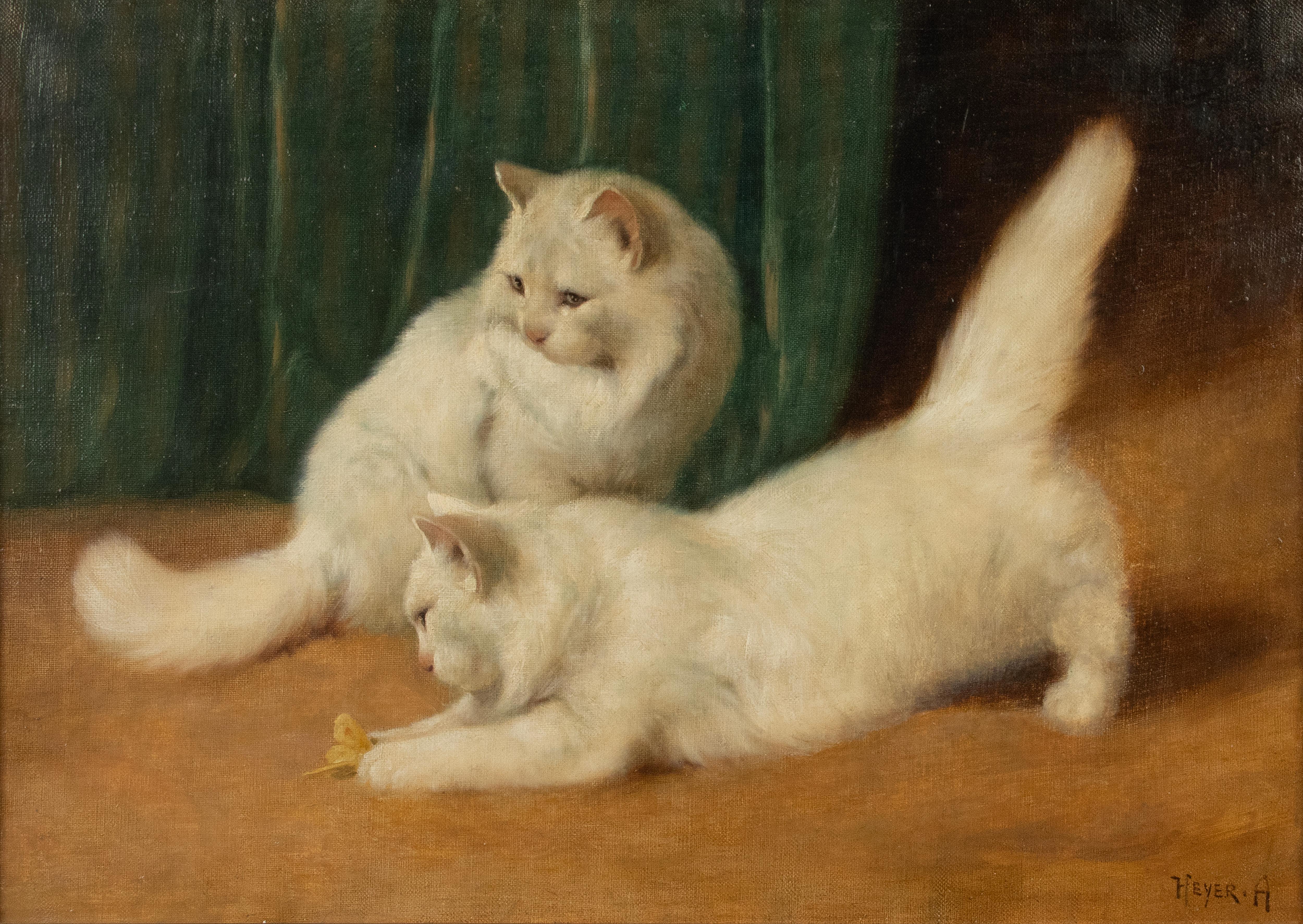 A beautiful oil painting, two playing cats, by the German artist Arthur Heyer. Signed lower right.
They are Angora cats to be precise, a favorite subject of this artist.
The painting is in good condition. Beautiful color. Framed in an elegant