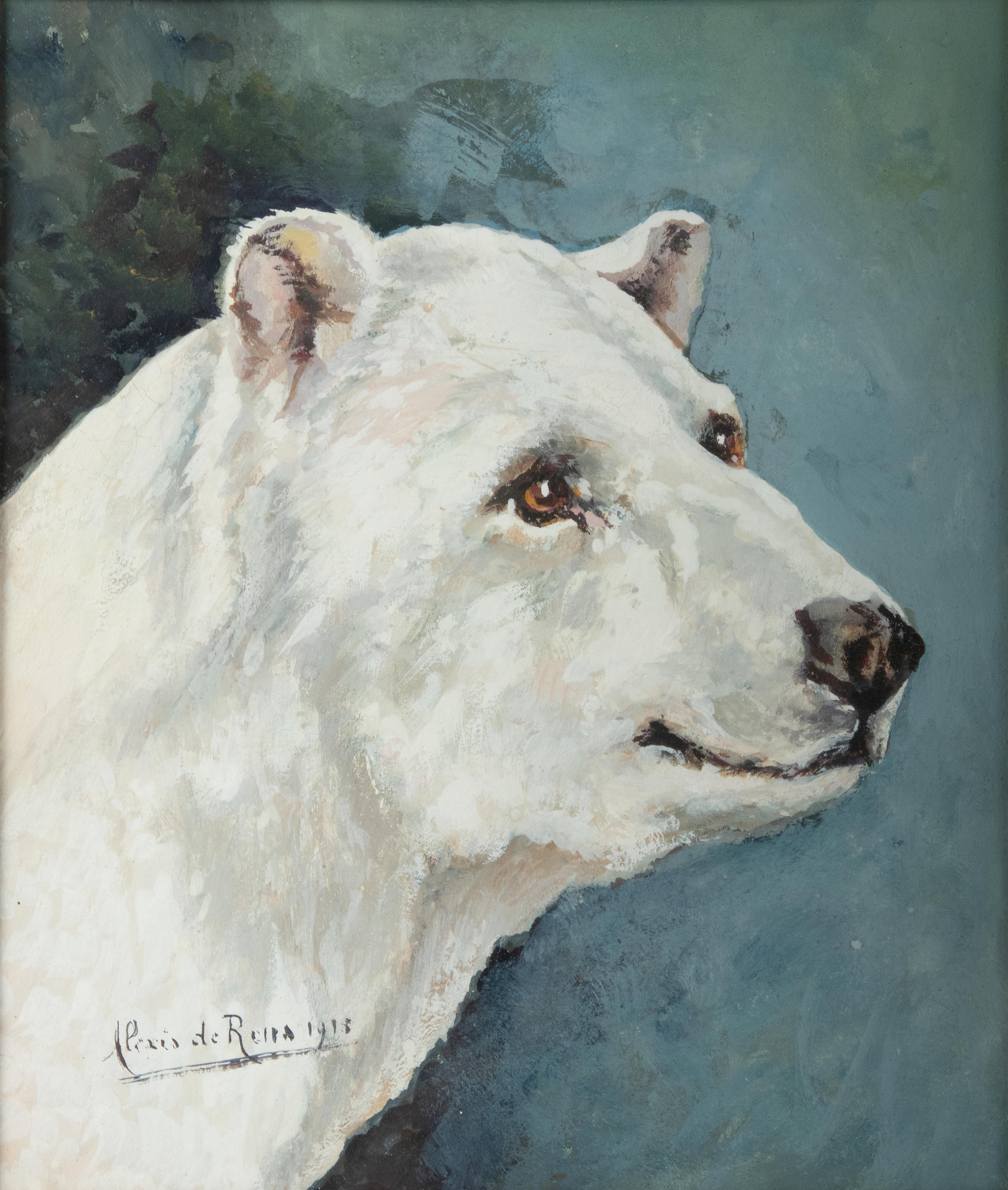 Belle peinture, portrait d'un ours polaire, par l'artiste belge Alexis de Reus. Elle était active au début des années 1900 et peignait principalement des animaux. Le tableau est clairement signé et daté, en bas à droite, de 1913. Cette peinture