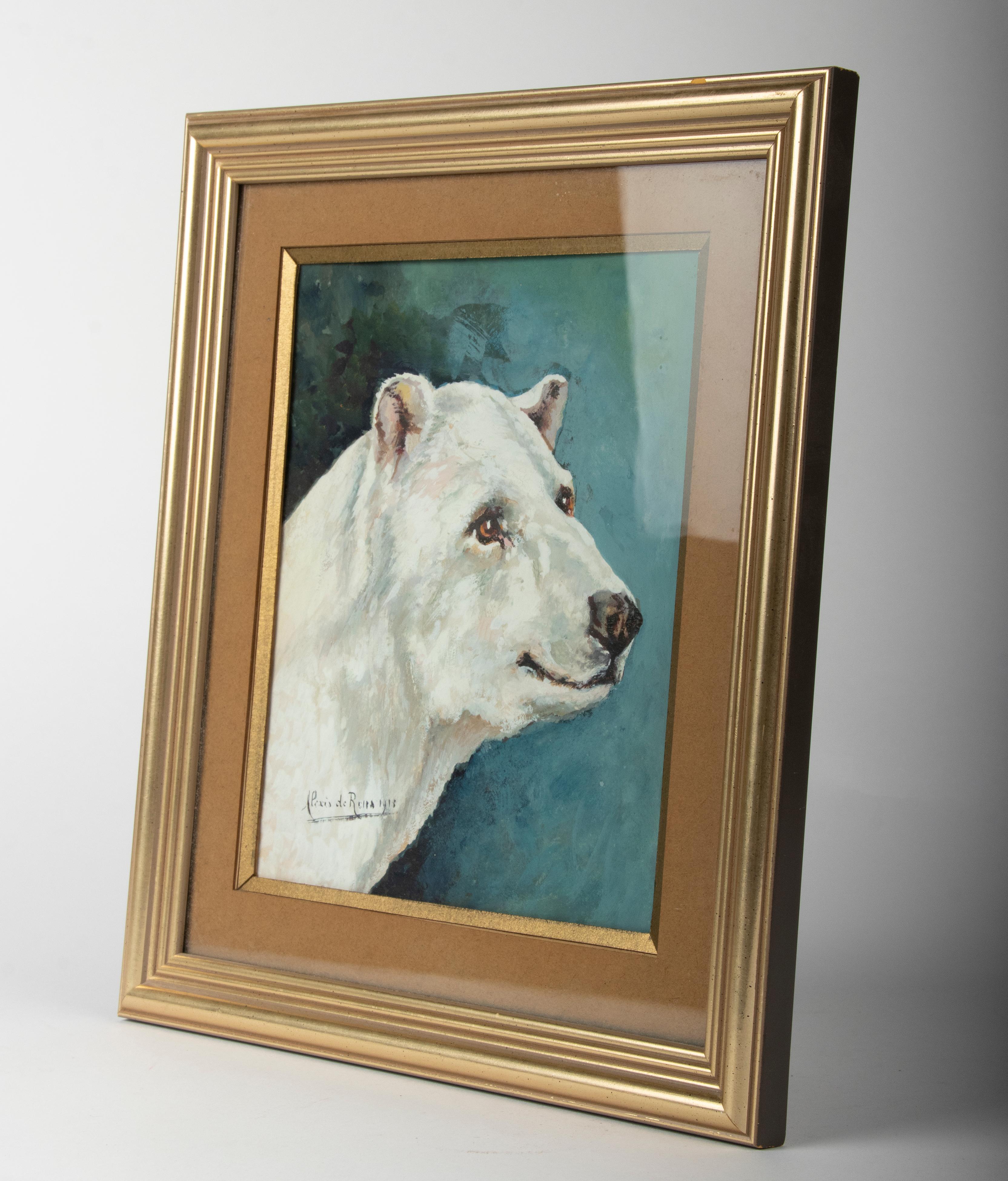 Belge Peinture à l'huile du début du 20e siècle - Portrait d'animal d'ours polaire, Alexis de Reus en vente