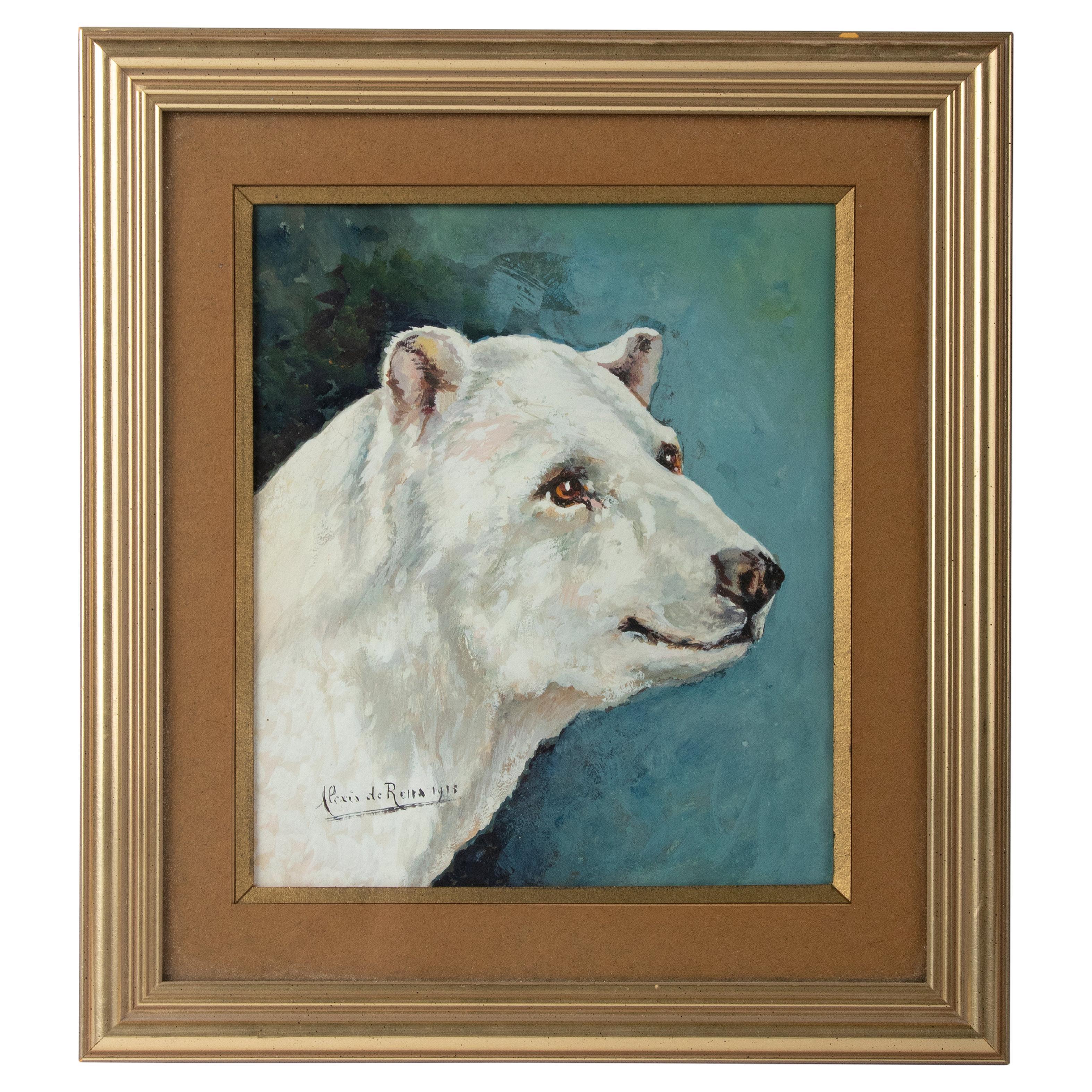 Early 20th Century Oil Painting Animal Portrait of a Polar Bear, Alexis de Reus For Sale