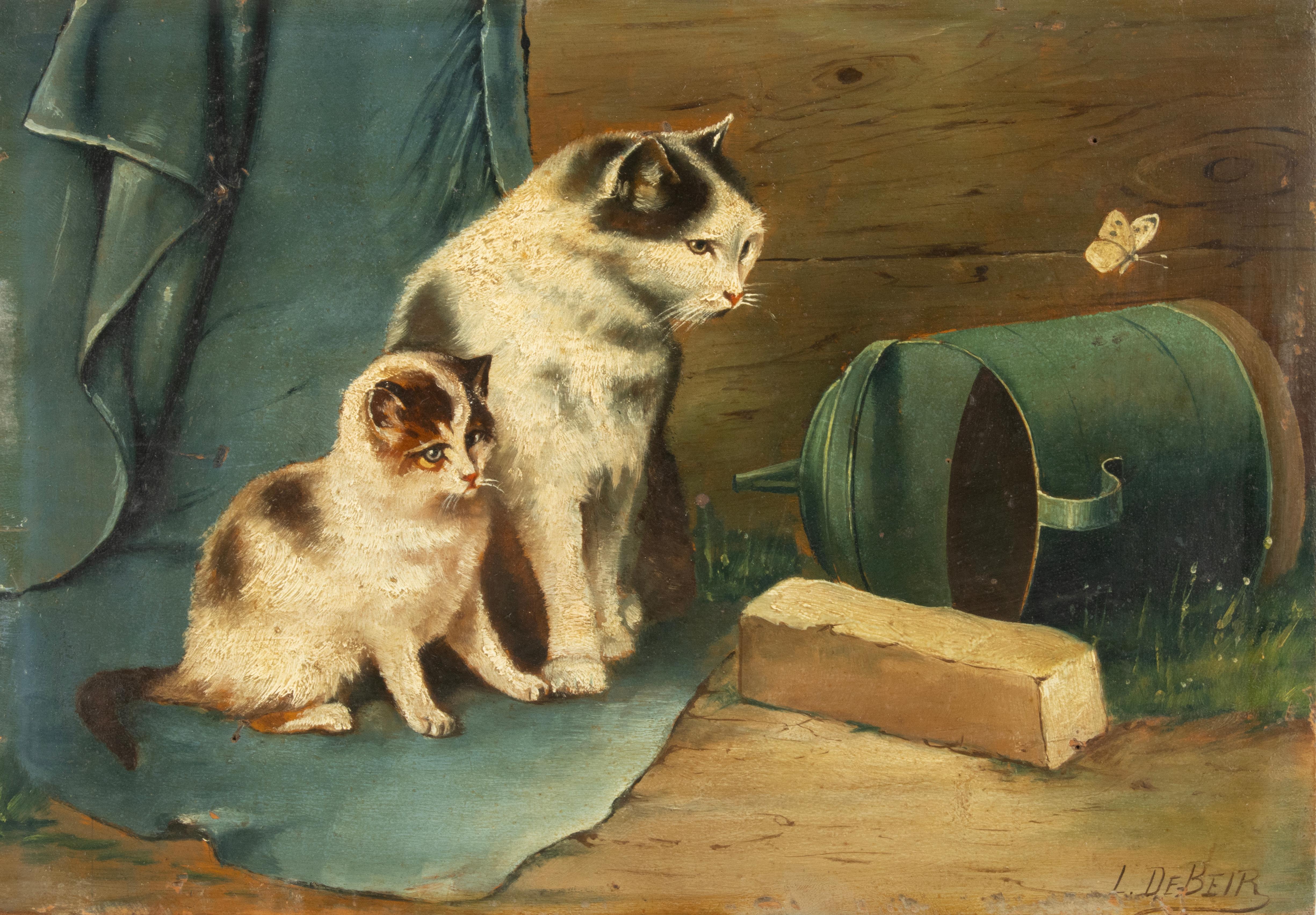 Belle Époque Pittura ad olio dei primi del Novecento - I gatti guardano la farfalla - L. Beir in vendita