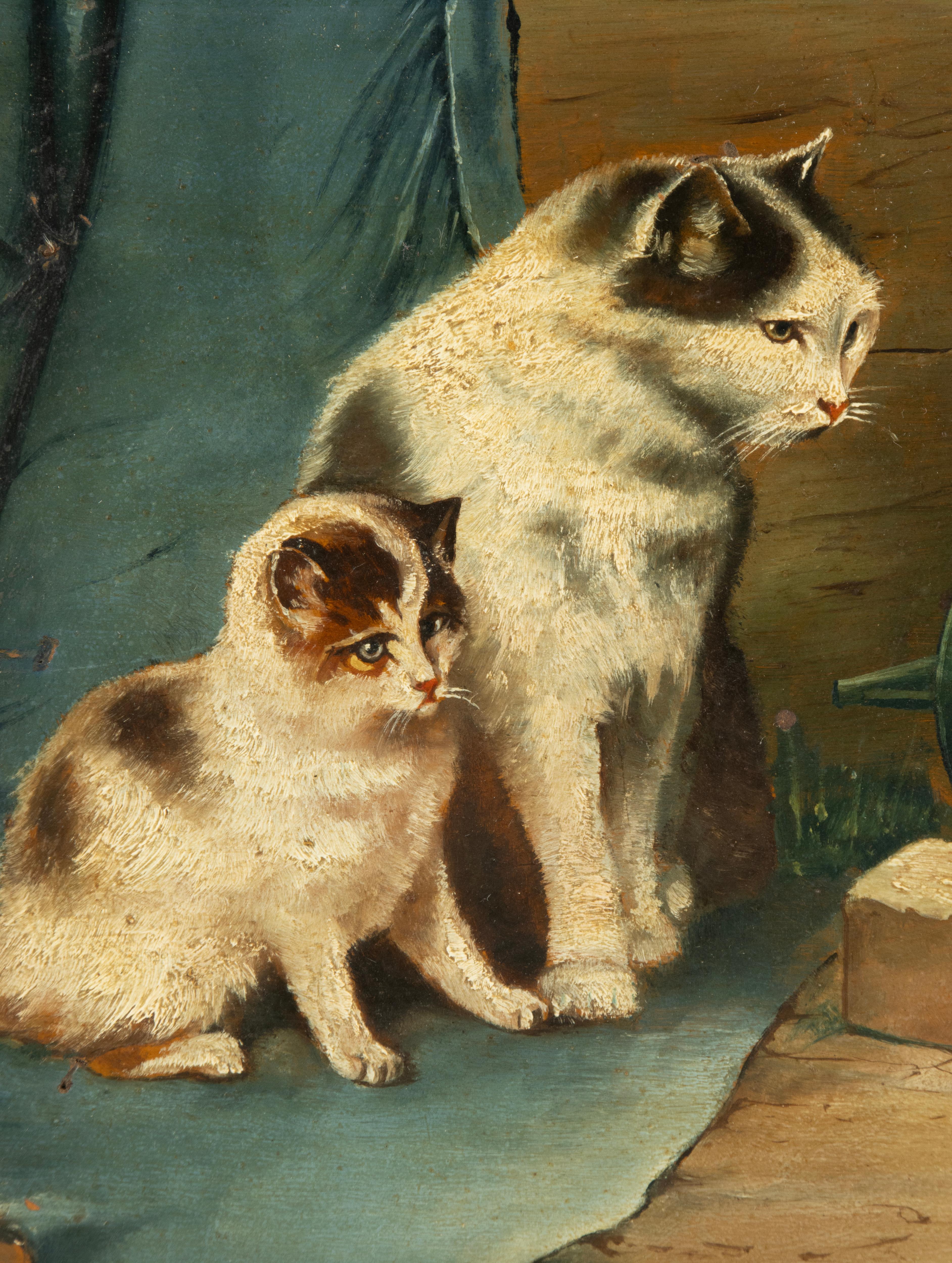 Belga Pittura ad olio dei primi del Novecento - I gatti guardano la farfalla - L. Beir in vendita