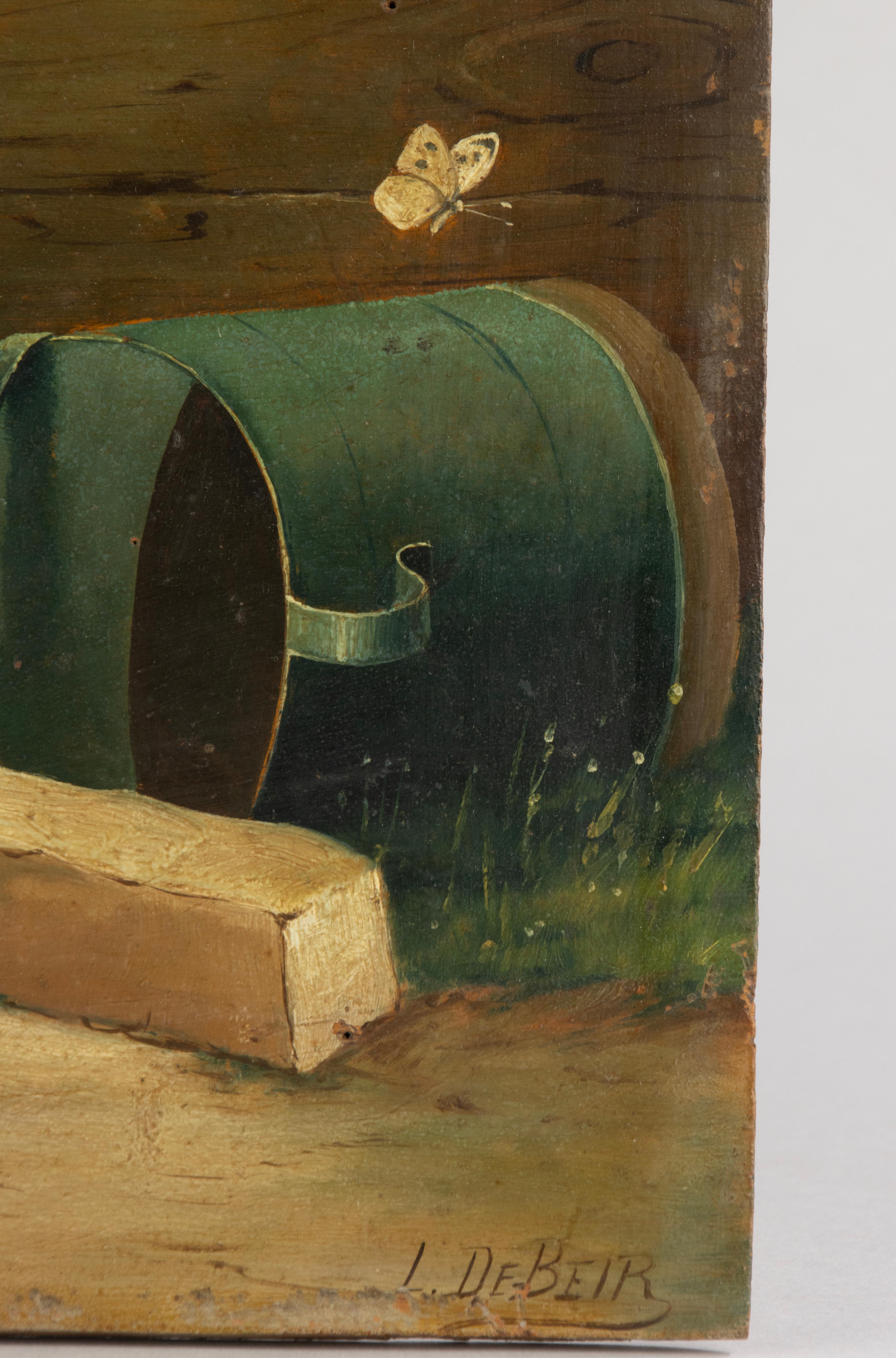 Dipinto a mano Pittura ad olio dei primi del Novecento - I gatti guardano la farfalla - L. Beir in vendita