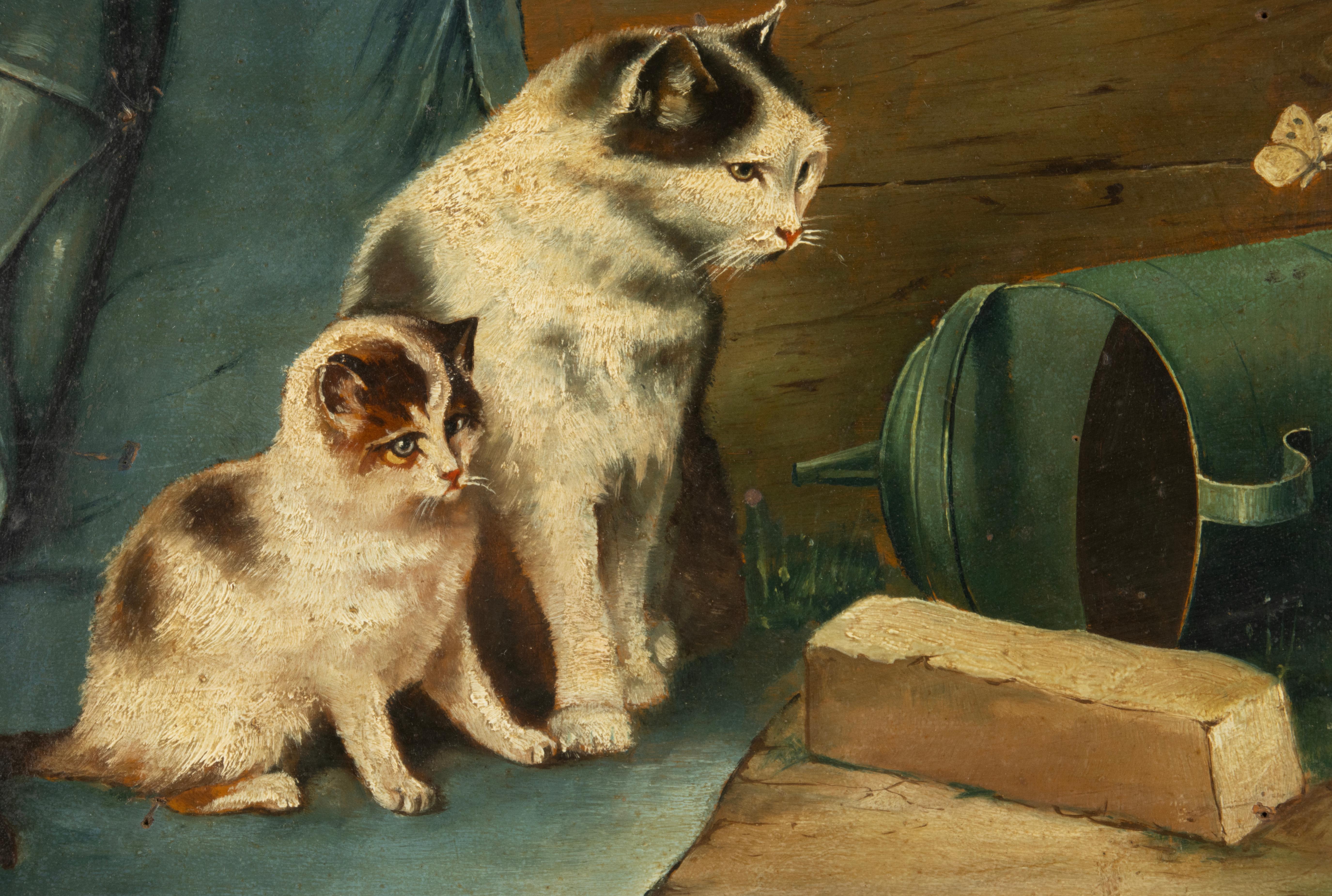 Inizio XX secolo Pittura ad olio dei primi del Novecento - I gatti guardano la farfalla - L. Beir in vendita