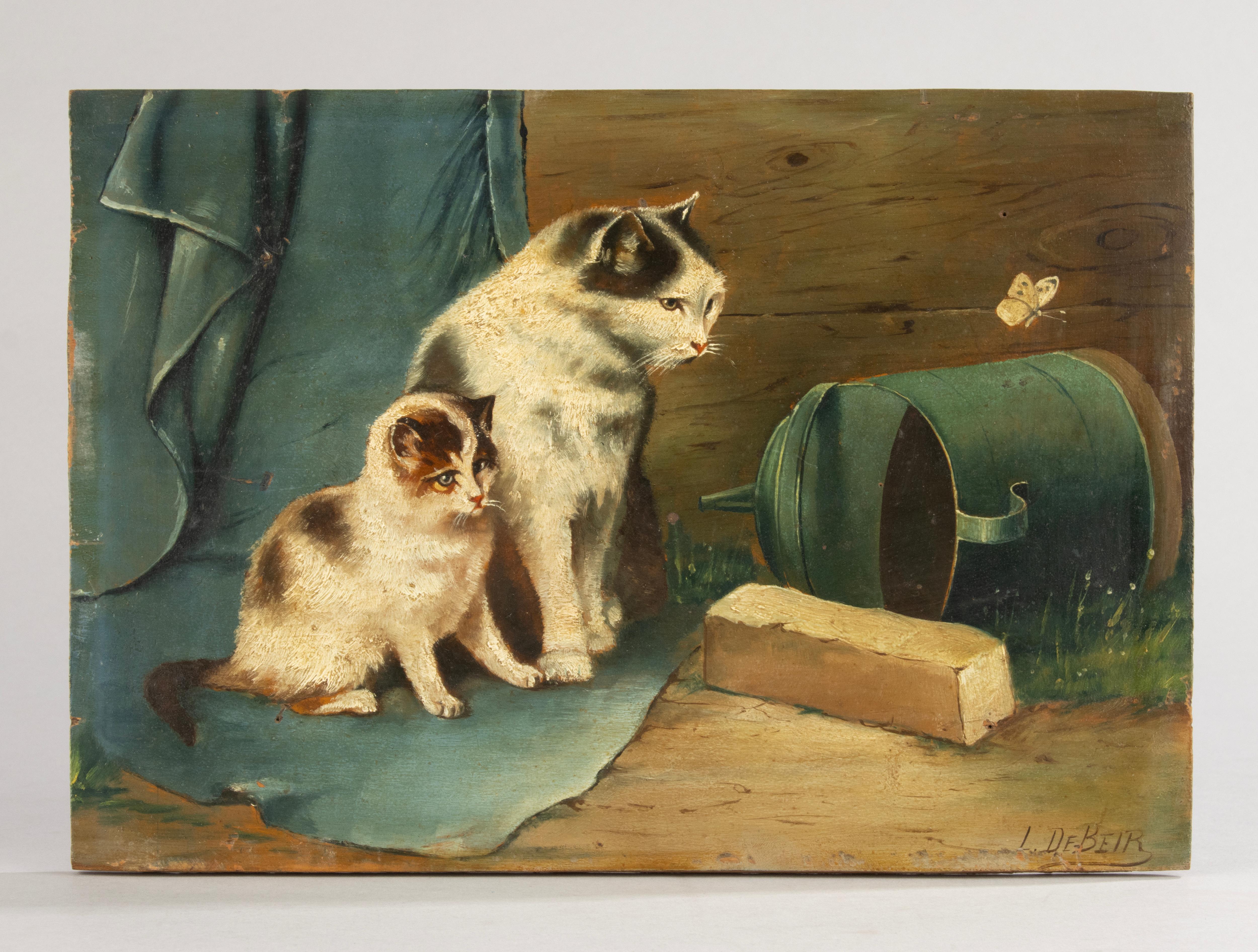 Pittura ad olio dei primi del Novecento - I gatti guardano la farfalla - L. Beir in vendita 1