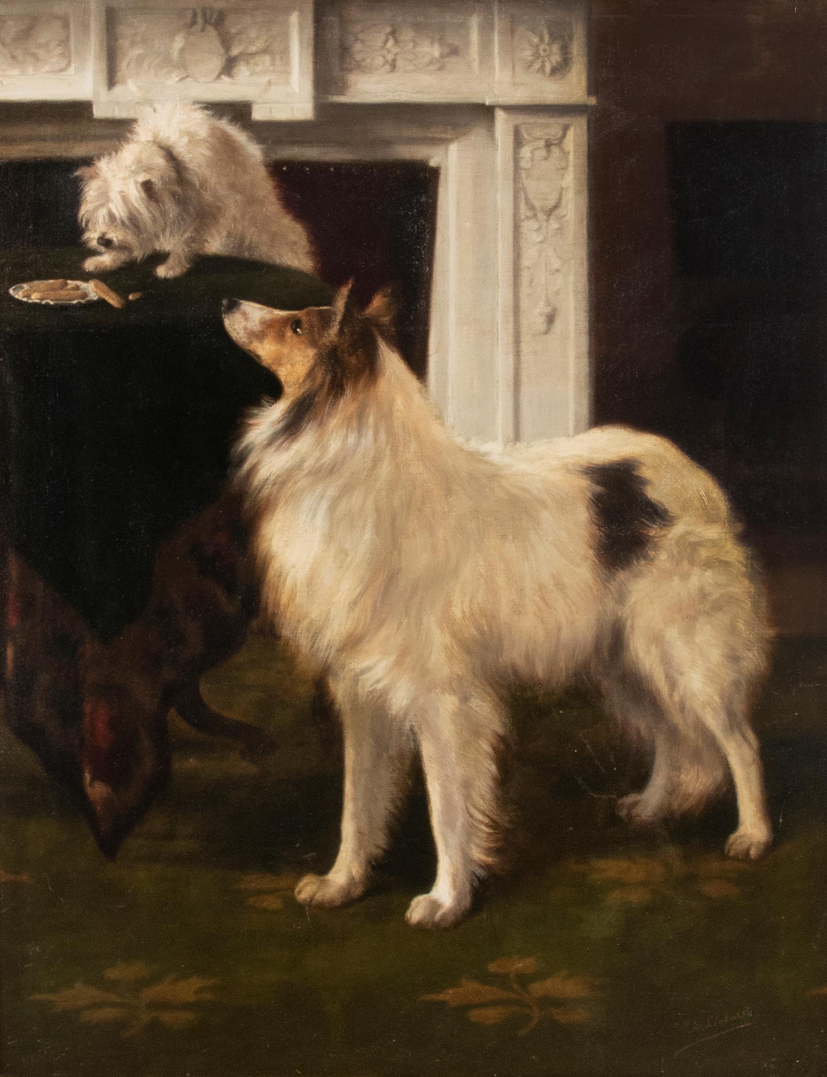 An antique oil painting on canvas with a Cairn terrier and a Rough Collie. It is really striking and refined painted. Good balance with the dark background and lighter foreground. Diagonal composition. In our listings is another painting with dogs