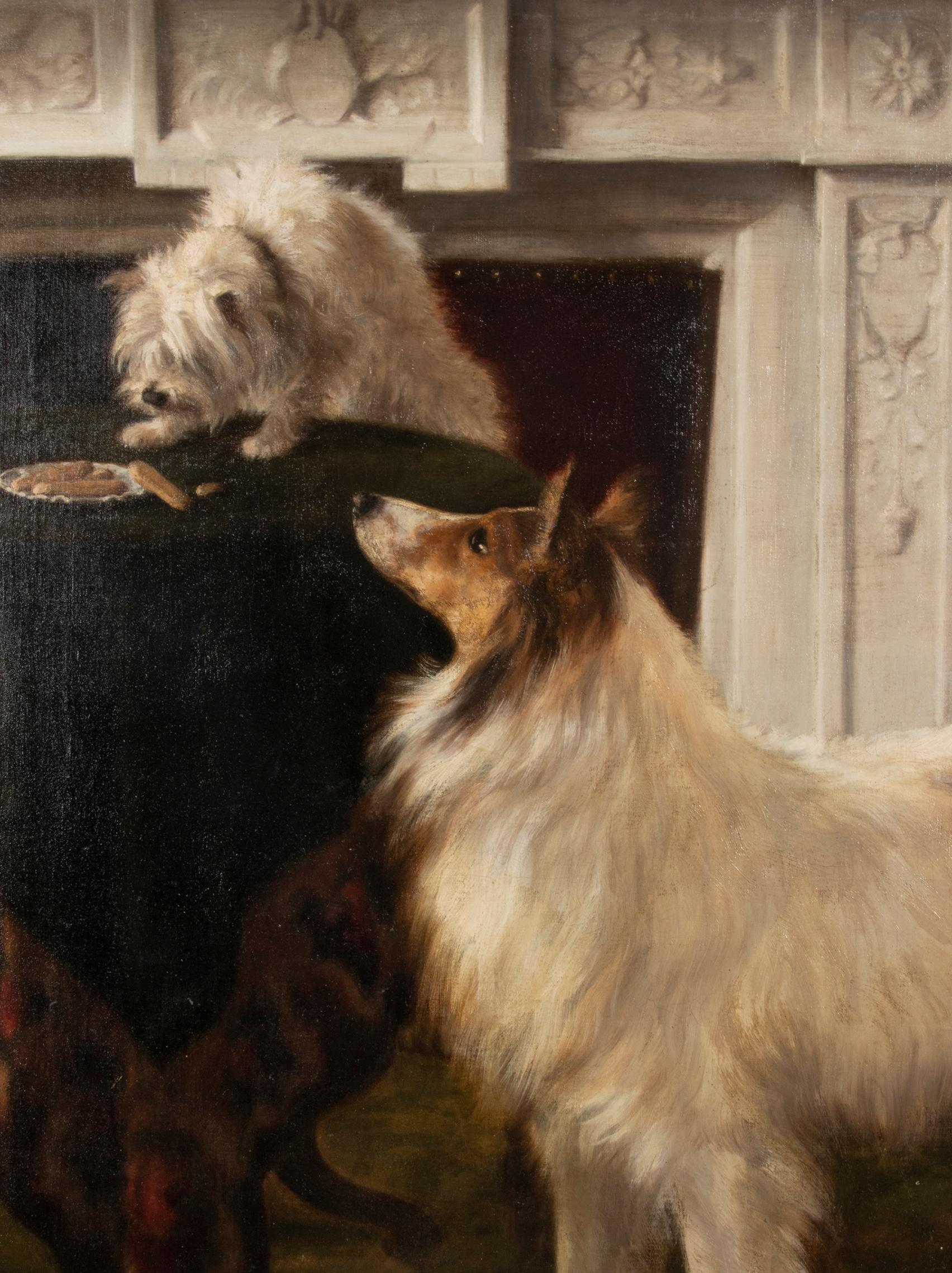 Belgian Early 20th Century Oil Painting Dogs Cairn Terrier & Collie by Alice Leotard