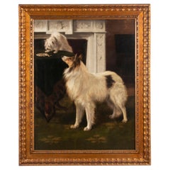 Early 20th Century Oil Painting Dogs Cairn Terrier & Collie by Alice Leotard