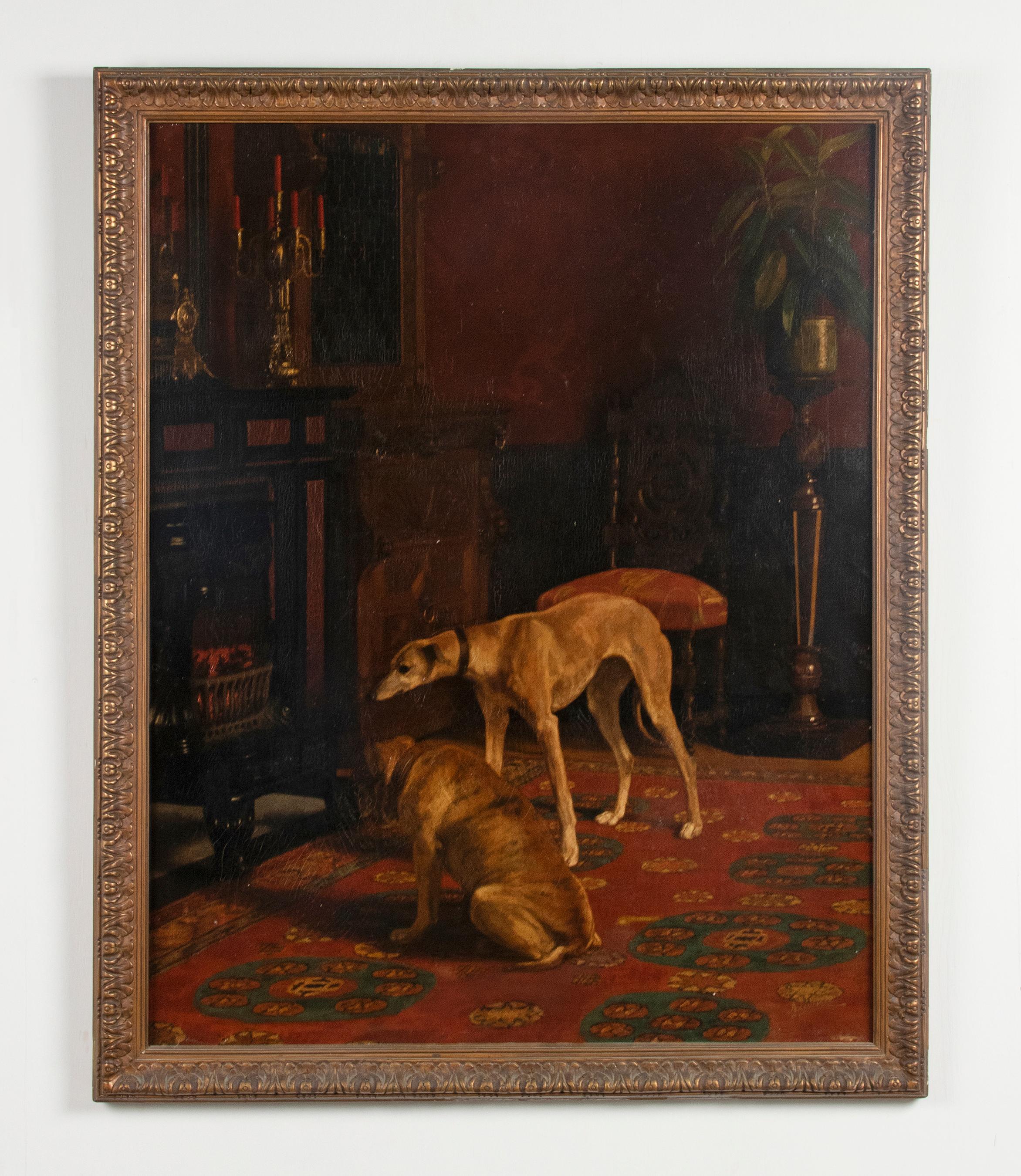 An antique oil painting on canvas with a Greyhound dog in front of the fire mantel. It is really striking and refined painted. The dark background and lighter foreground. Dating around 1900-1910, Belgium. The painting has craquelure, the pictures