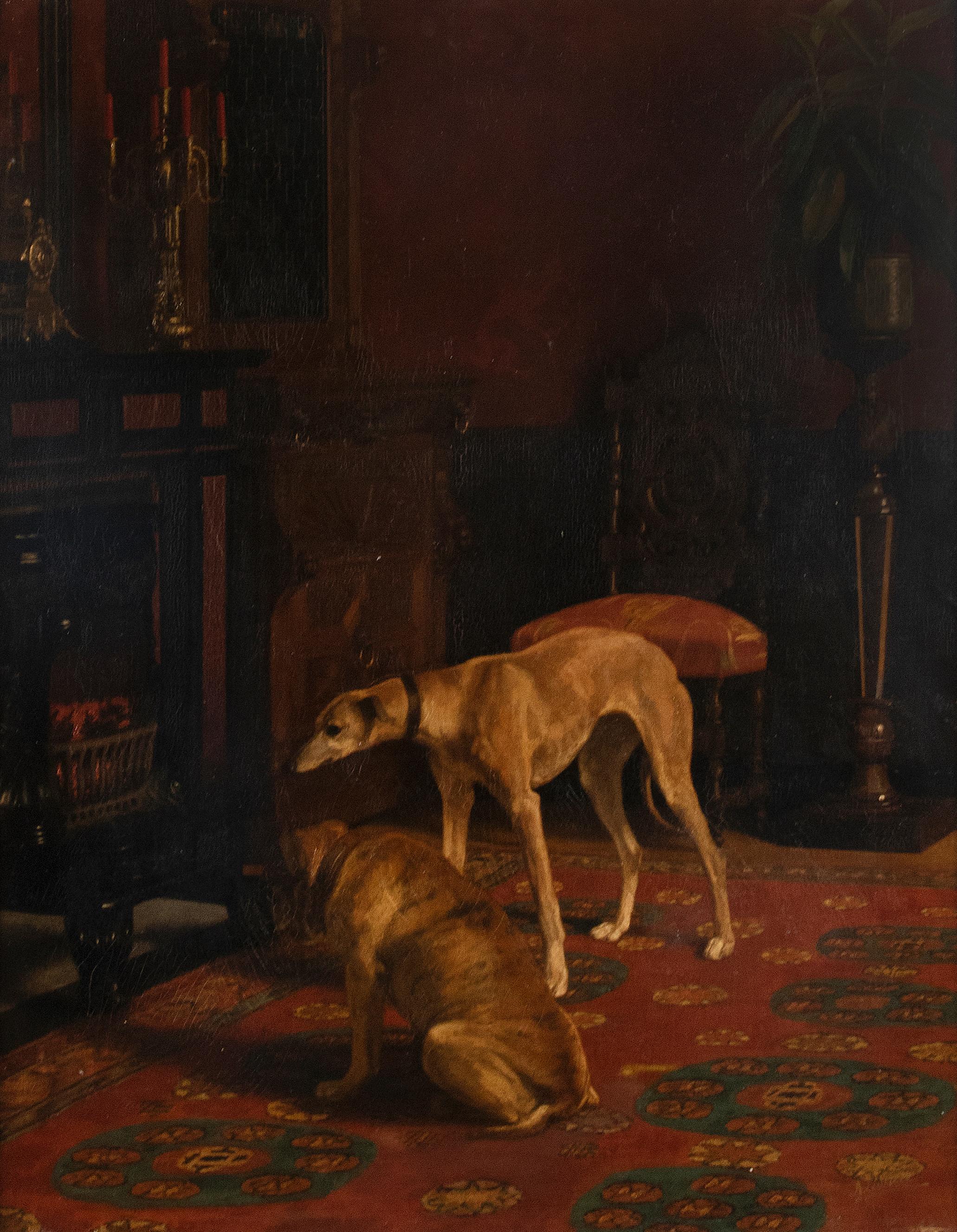 Belle Époque Early 20th Century Oil Painting Dogs Greyhound by Alice Leotard