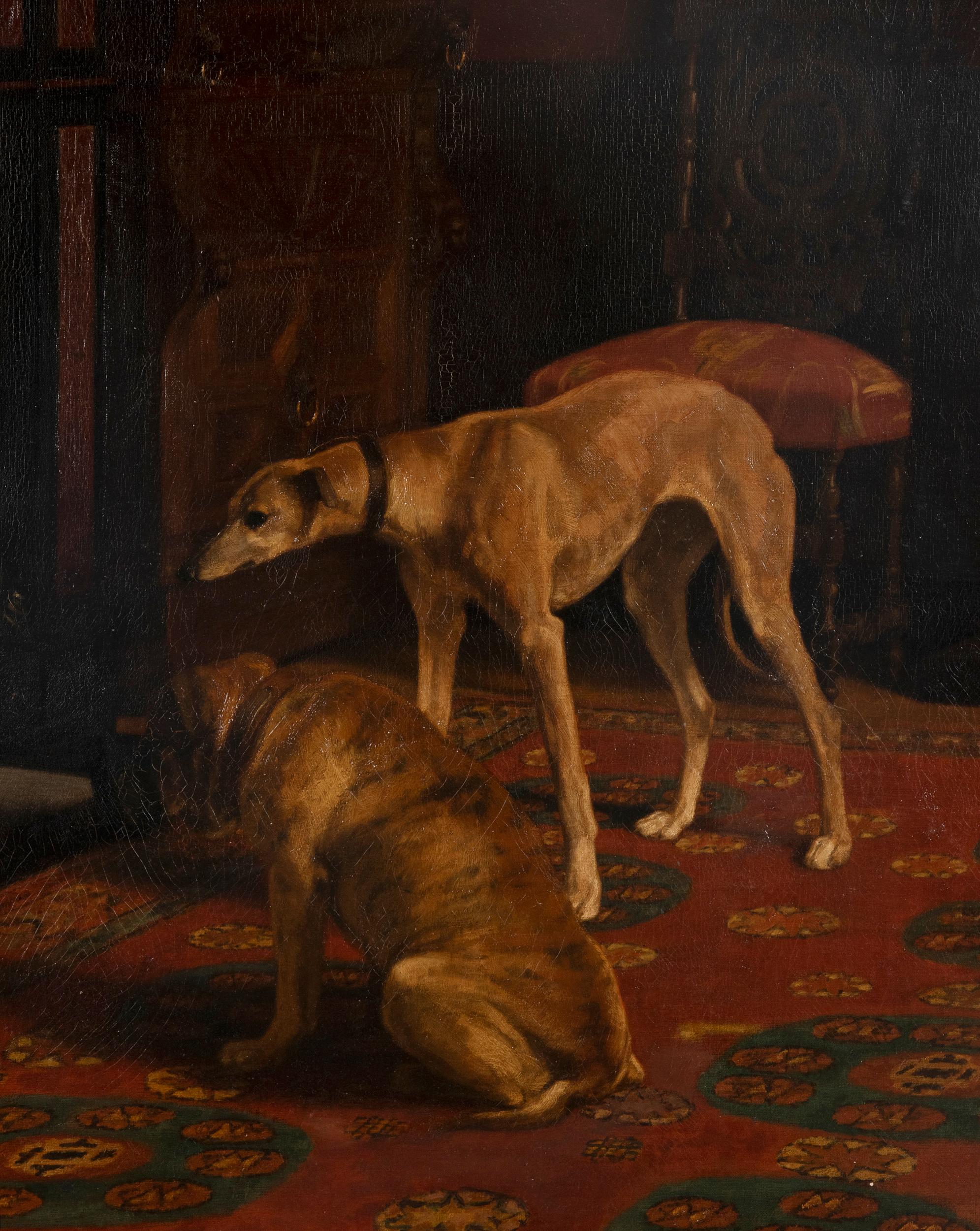 Hand-Painted Early 20th Century Oil Painting Dogs Greyhound by Alice Leotard