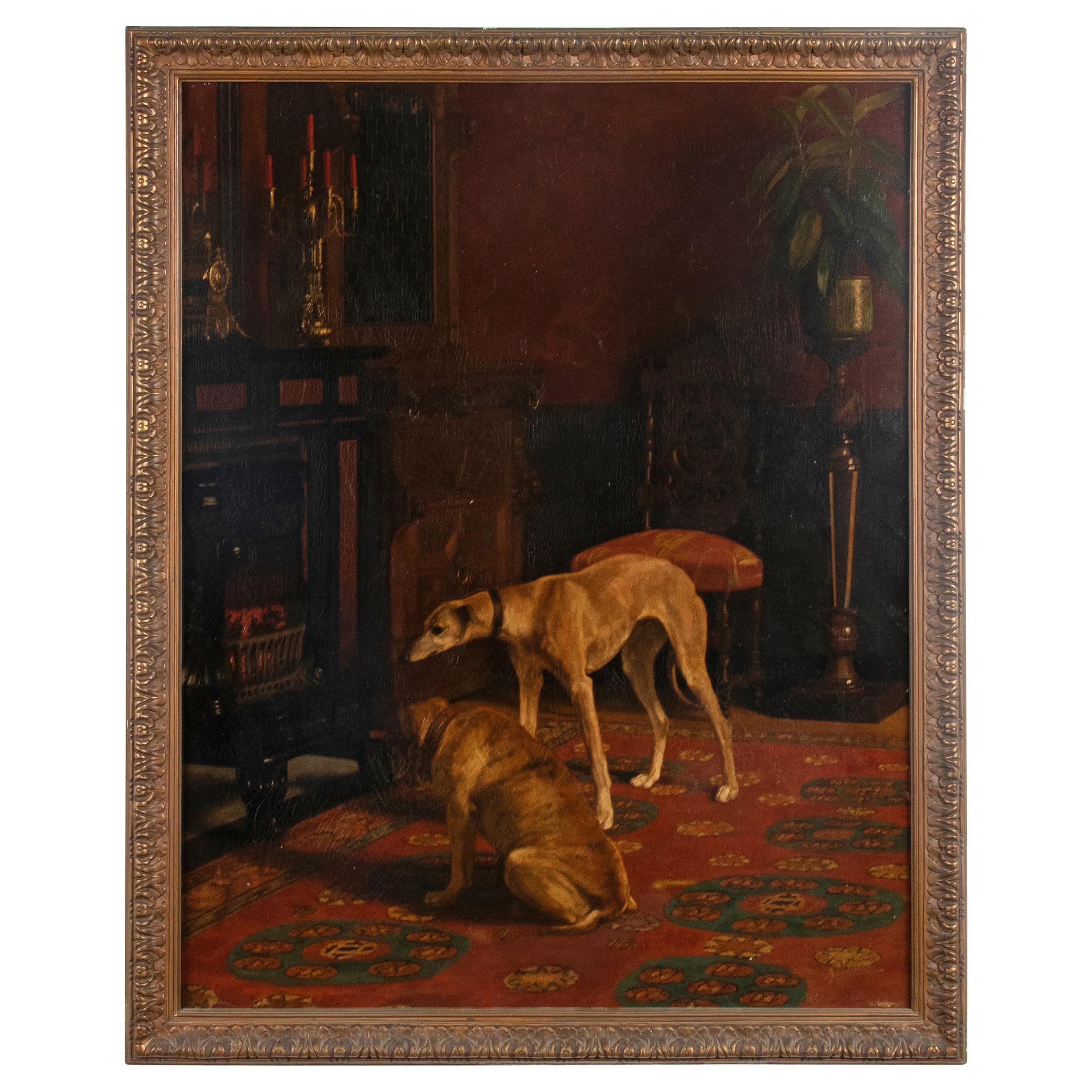 Early 20th Century Oil Painting Dogs Greyhound by Alice Leotard