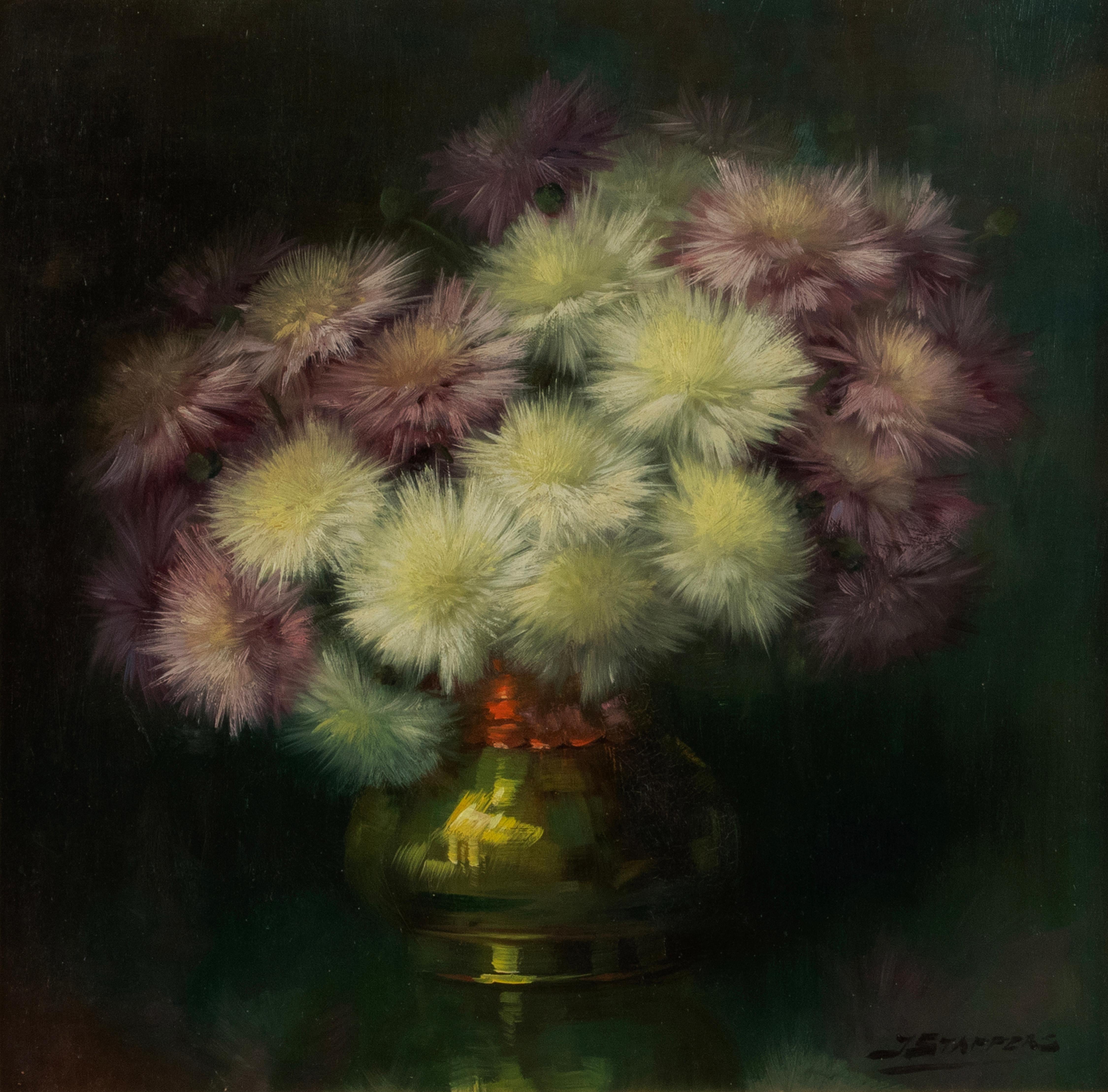 A beautiful flower still life painting. Most likely the Thalictrum Nimbus plant, in a copper vase. Signed bottom right Julien Stappers. Painted with oil paint on canvas. The painting is behind a glass, so the colors remain beautiful. In an original