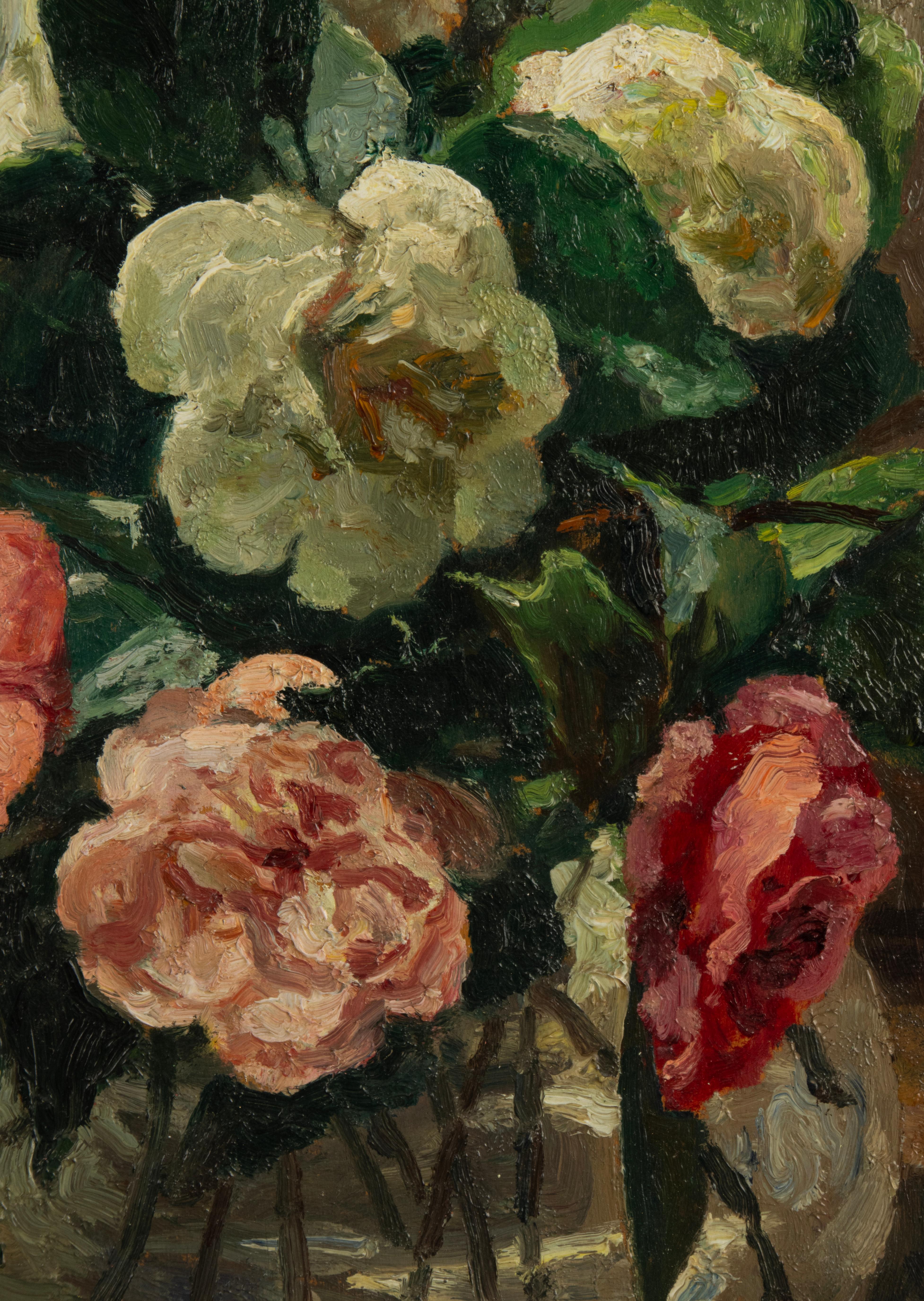 Early 20th Century Oil Painting - Flower Still Life - Roses - Moreau 1939 For Sale 4