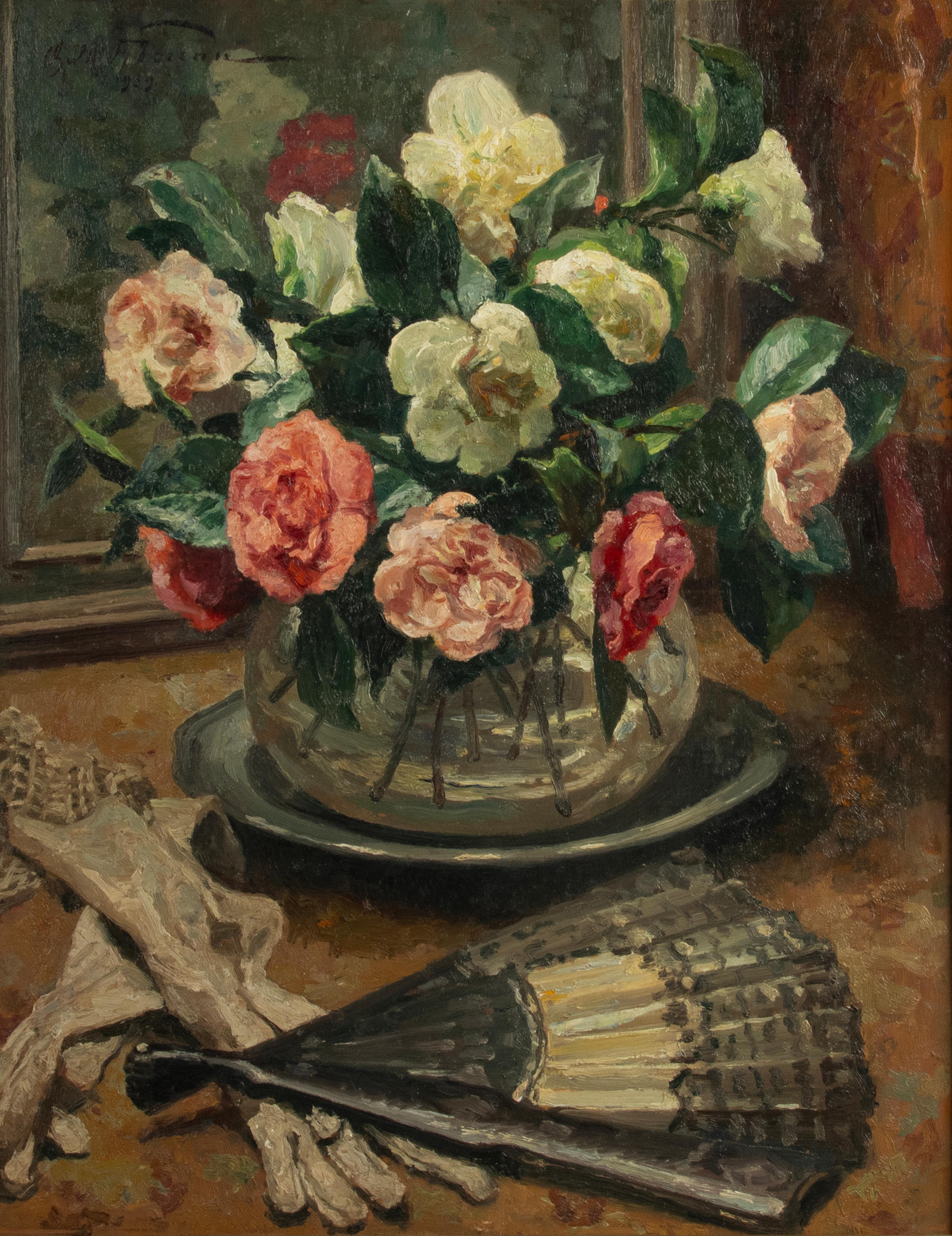 A beautiful old oil painting, a flower still life, roses in a vase. Very skillfully painted, the roses look lifelike. In addition, beautiful everyday attributes in the foreground, a fan and a pair of gloves. In the background a painting. The artist