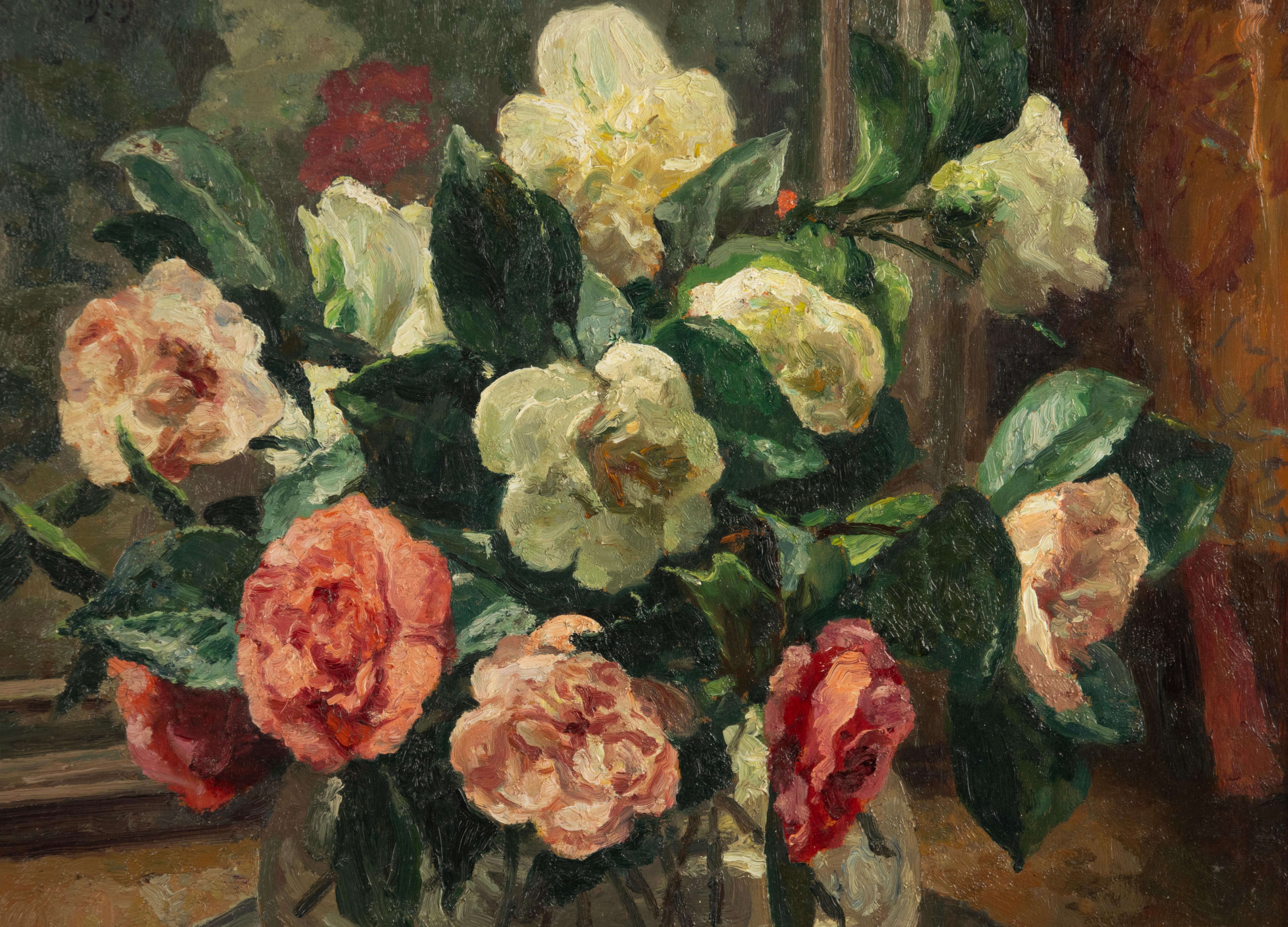 Hand-Painted Early 20th Century Oil Painting - Flower Still Life - Roses - Moreau 1939 For Sale