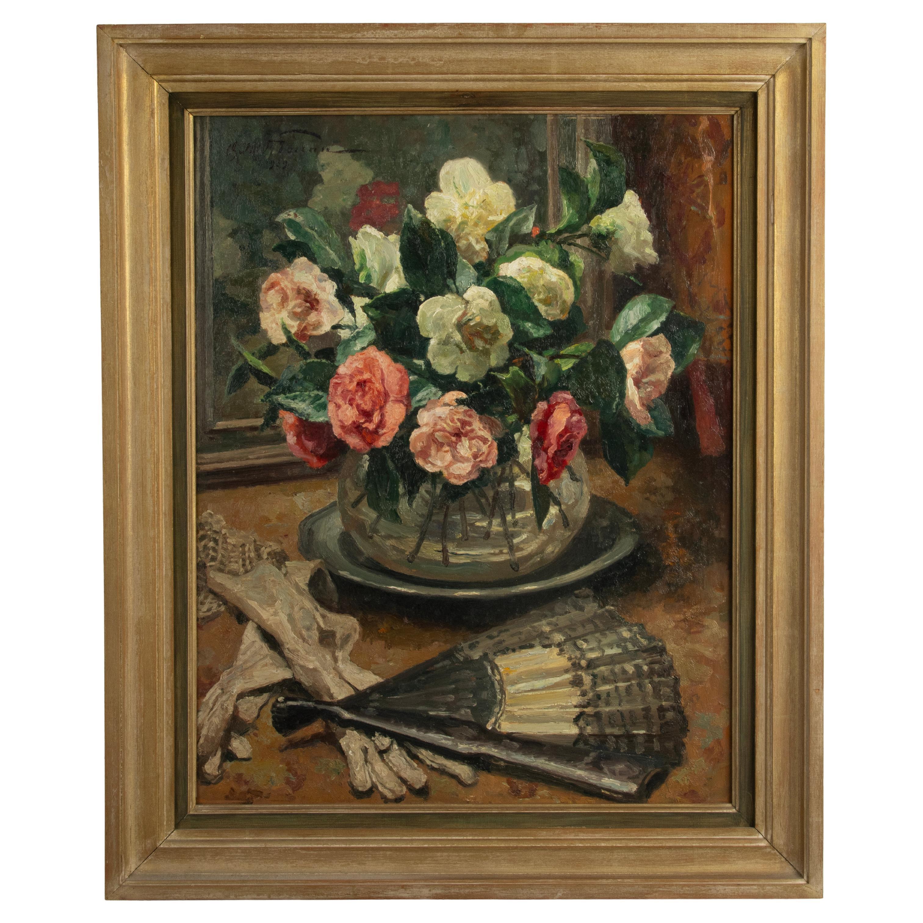 Pintura al óleo de principios del siglo XX - Bodegón de flores - Rosas - Moreau 1939