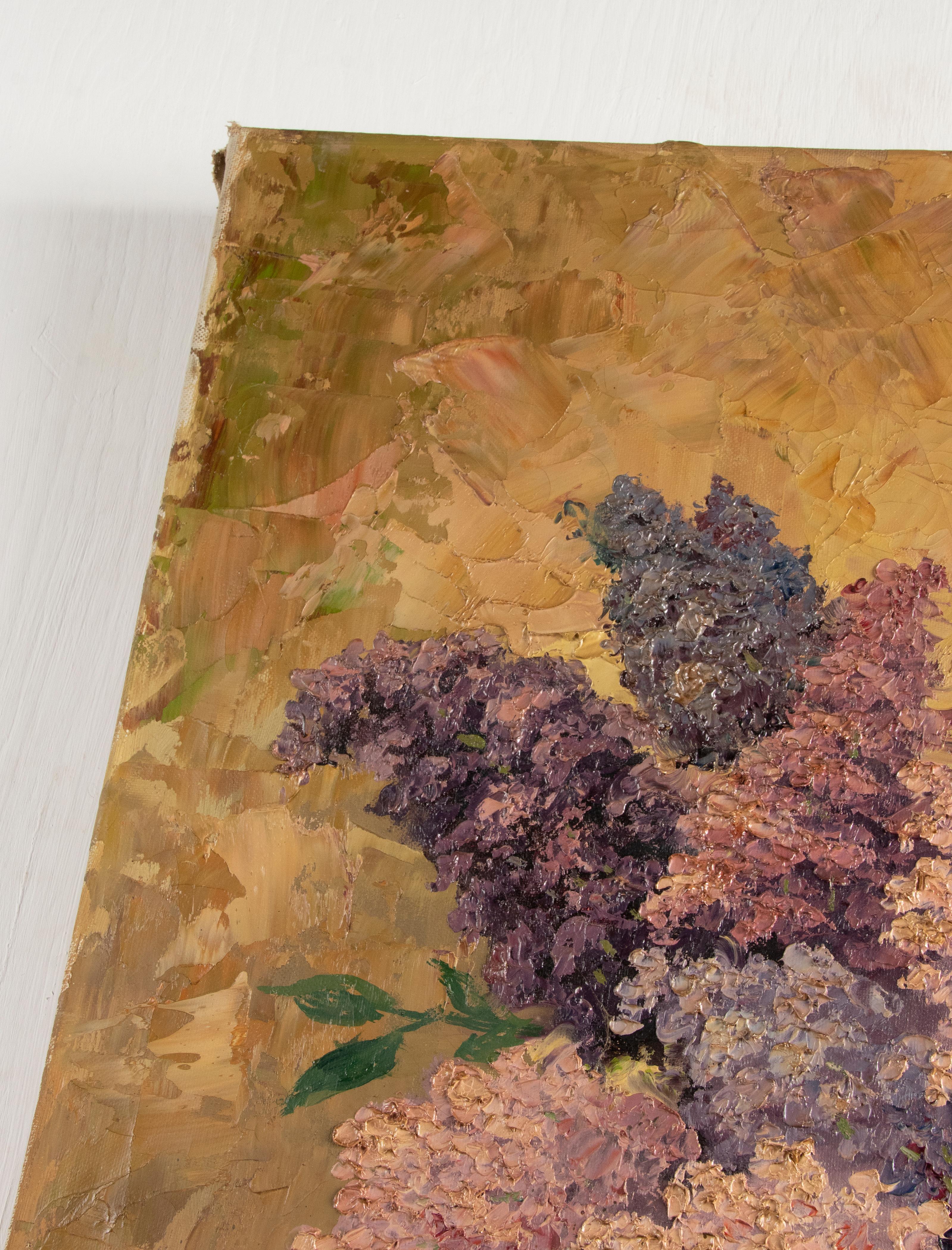Peinture à l'huile du début du XXe siècle - Nature morte de fleurs avec fleurs de lilas en vente 2
