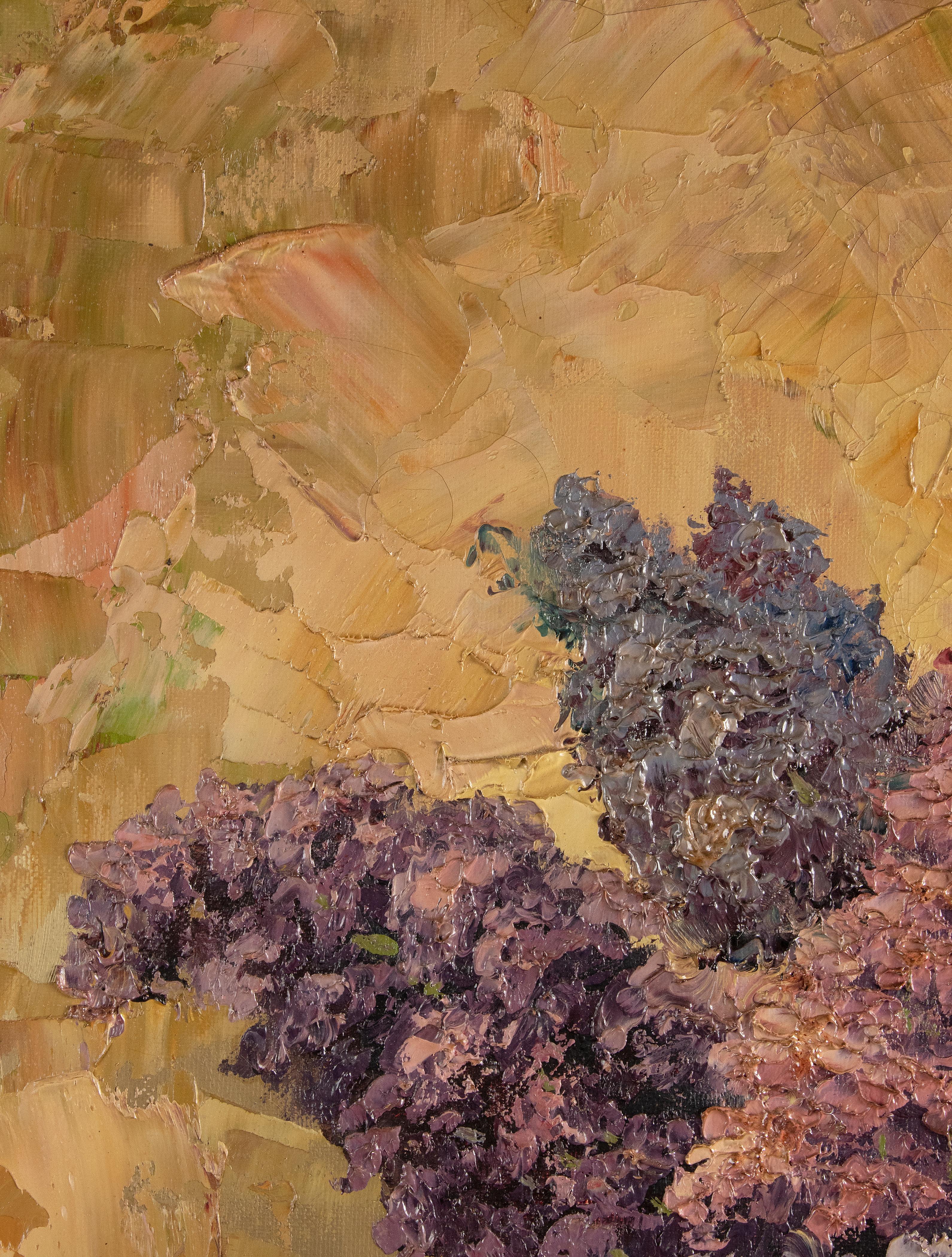 Peinture à l'huile du début du XXe siècle - Nature morte de fleurs avec fleurs de lilas en vente 3