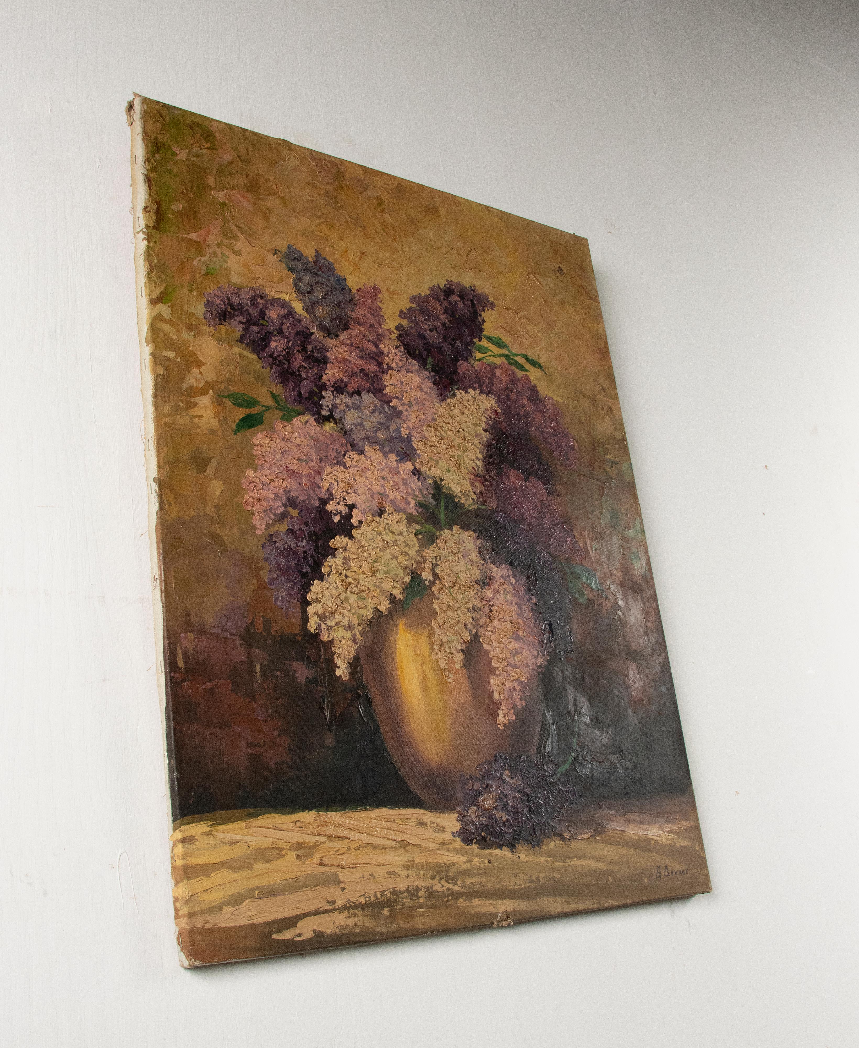 Early 20th Century Oil Painting Flower Still Life with Lilac Flowers For Sale 5