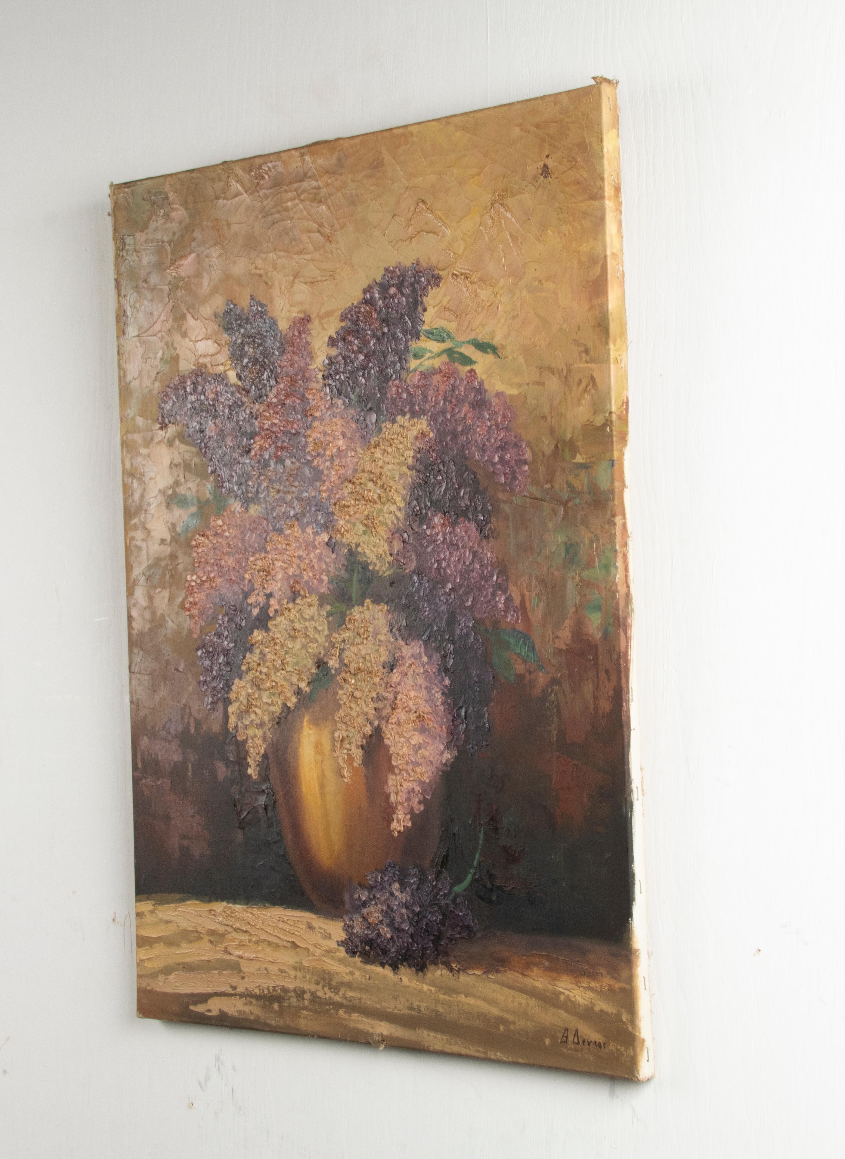 Peinture à l'huile du début du XXe siècle - Nature morte de fleurs avec fleurs de lilas en vente 5