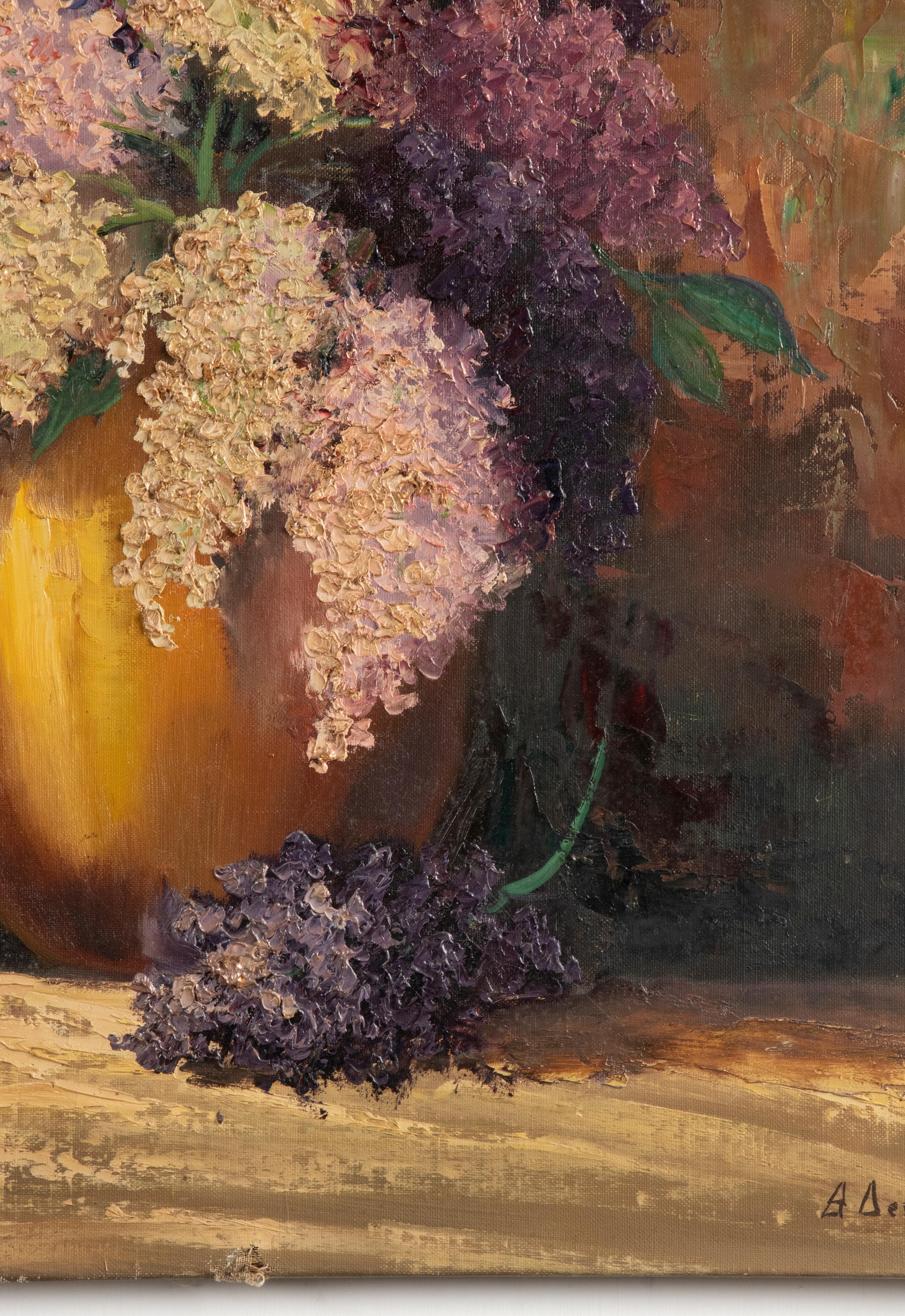 Peinture à l'huile du début du XXe siècle - Nature morte de fleurs avec fleurs de lilas en vente 6