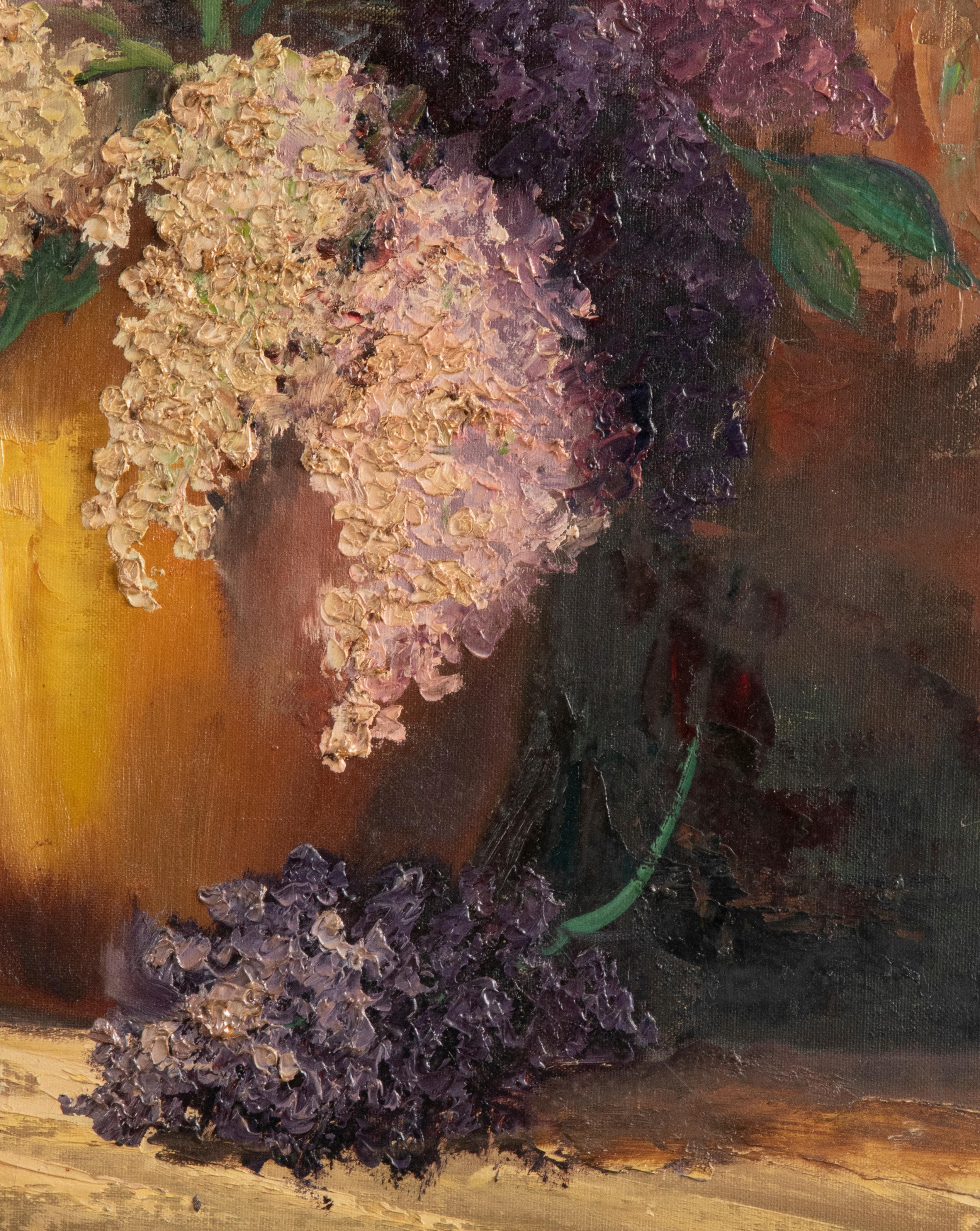 Peinture à l'huile du début du XXe siècle - Nature morte de fleurs avec fleurs de lilas en vente 11