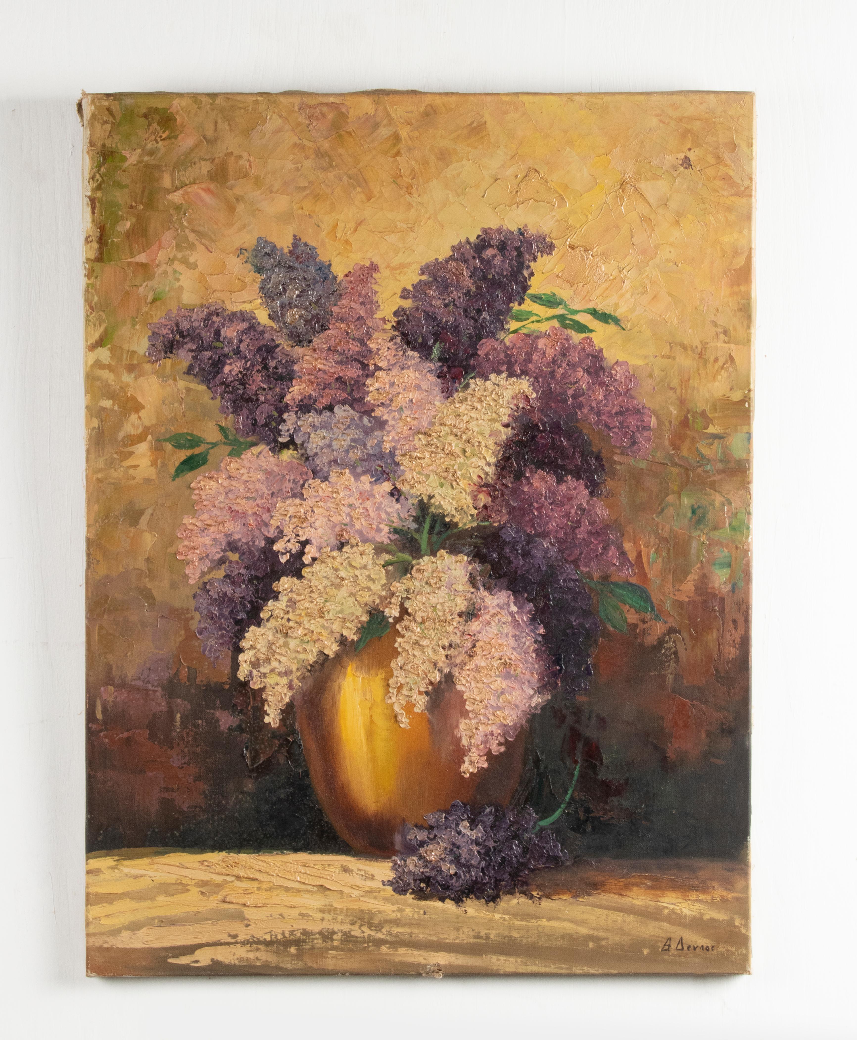 French Early 20th Century Oil Painting Flower Still Life with Lilac Flowers For Sale