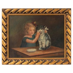 Early 20th Century Oil Painting Girl with a Cat, Folk Art