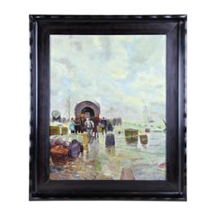 Antique Early 20th Century Oil Painting "Harbour Of Danzing", circa 1915