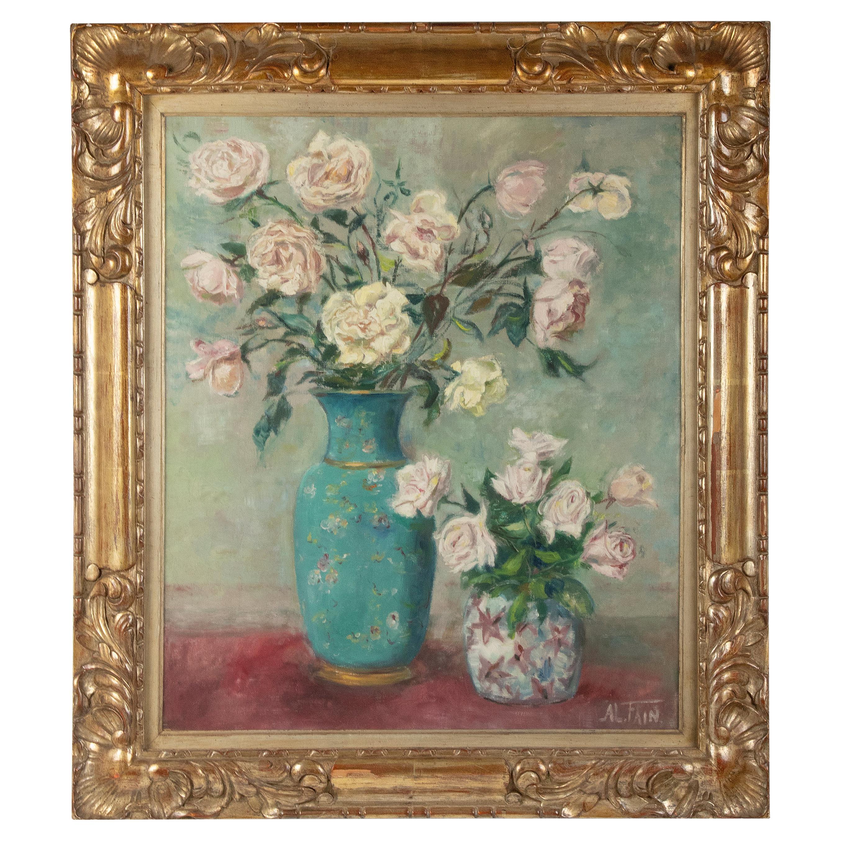 Early 20th Century Oil Painting Impressionistic Flower Still Life by Al. Fain