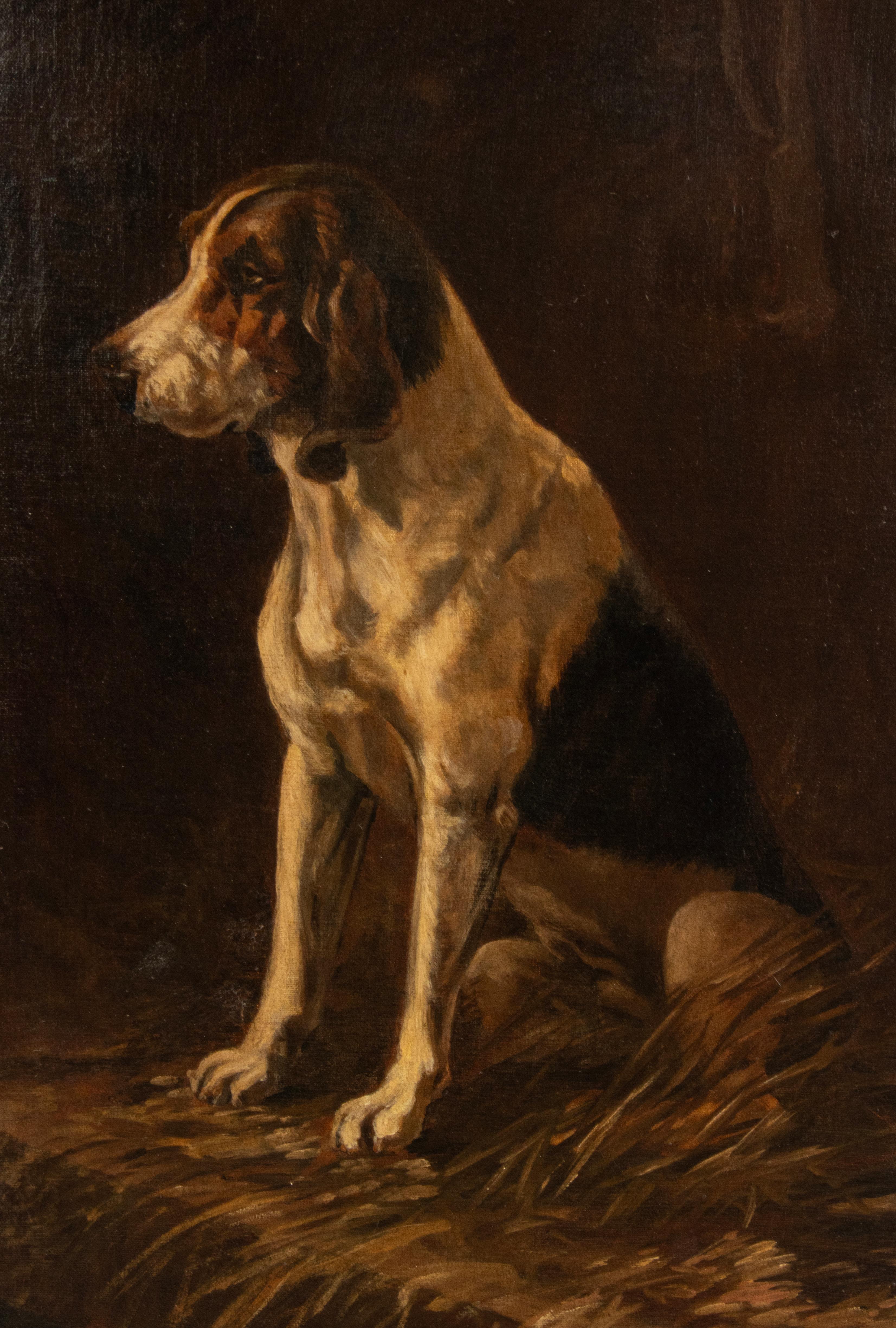 An antique painting of a hunting dog in a stable, assumable an Irish or French Red & White Setter. Painted with oil on canvas. It has no signature. Due to its uncommon dimensions, it is a beautiful pennant painting, for example between two windows.