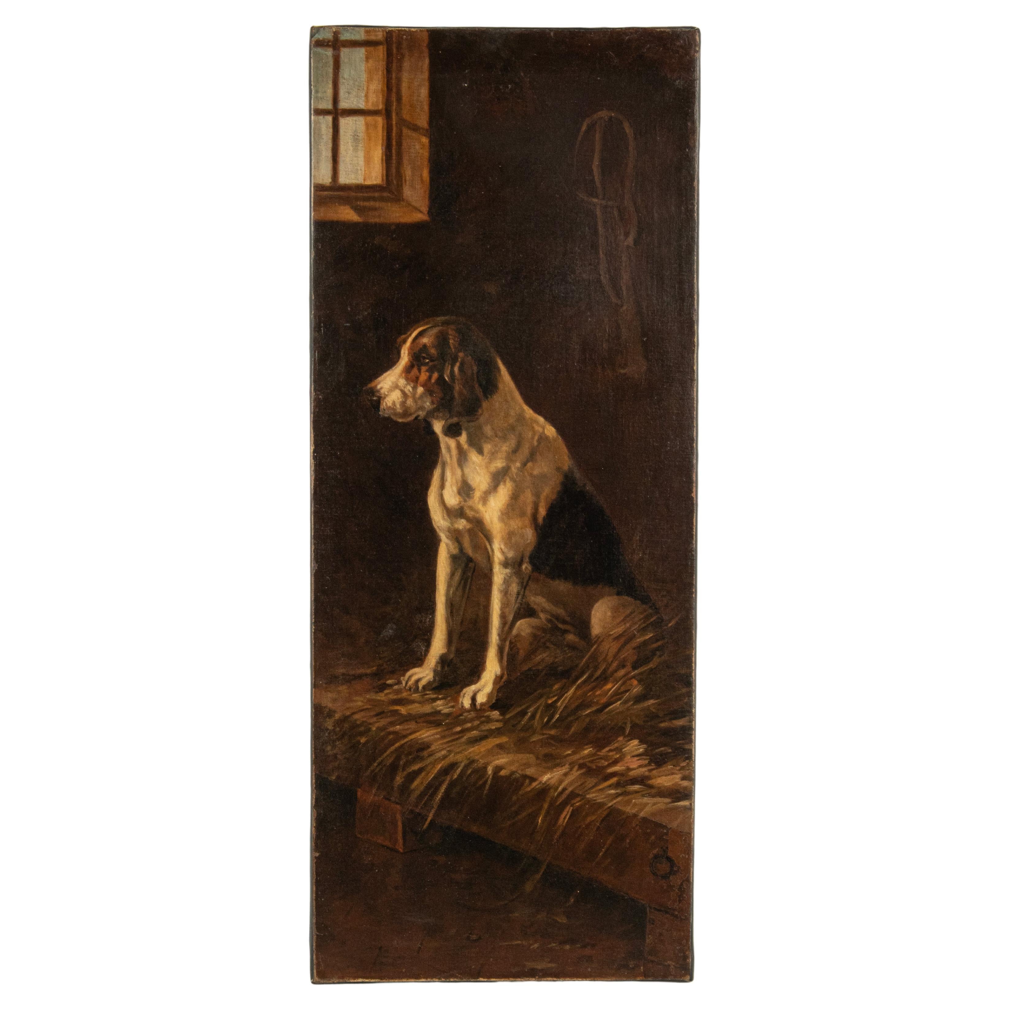 Early 20th Century Oil Painting Irish Setter Dog in a Stable