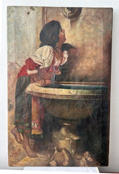 Early 20th Century Oil Painting Italy - Peasant Girl at a Fountain Vintage Decor