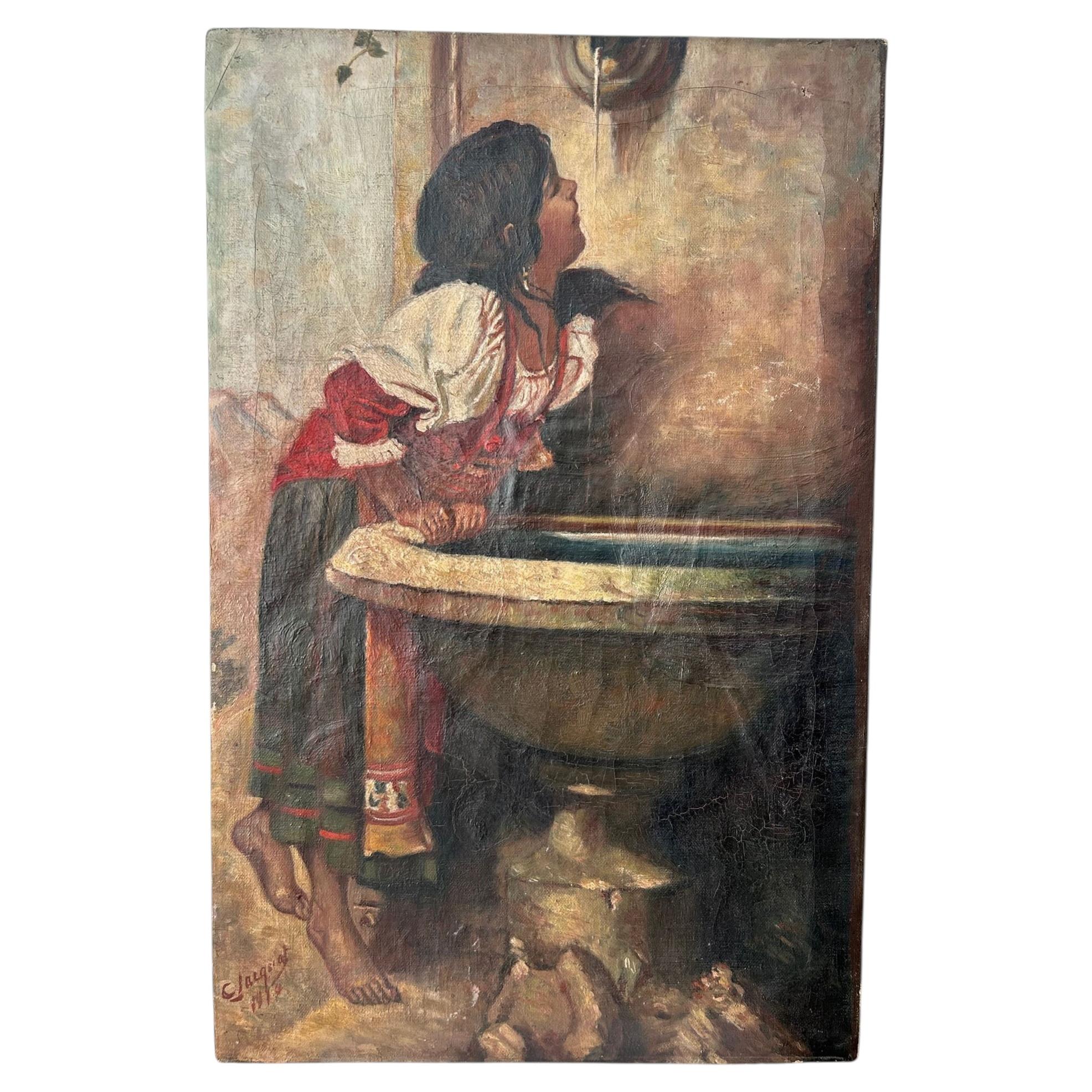 Early 20th Century Oil Painting Italy - Peasant Girl at a Fountain Folk Art