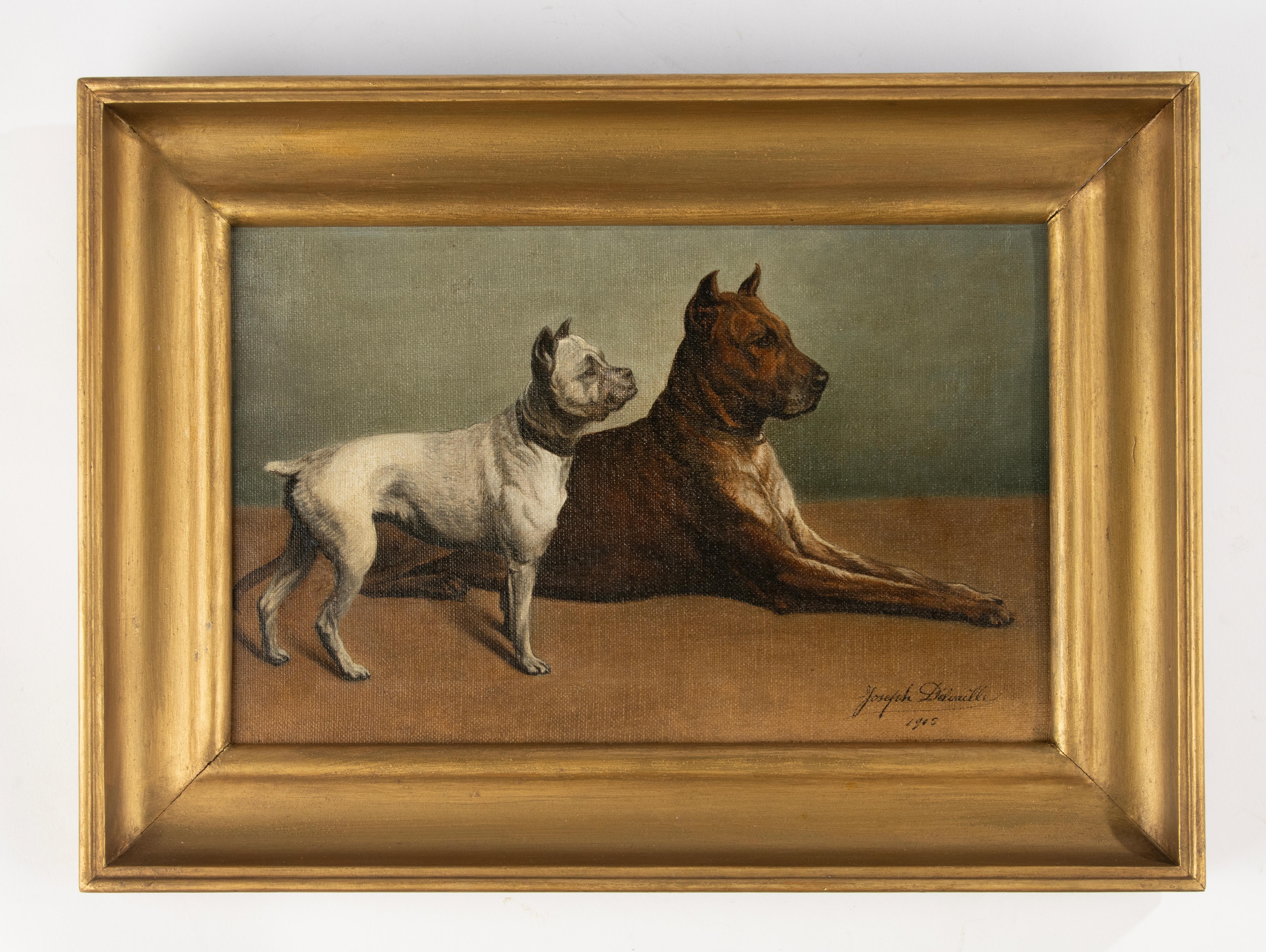 Belle Époque Early 20th Century Oil Painting - Joseph Delvaille - Canvas - Two Dogs in Profil For Sale