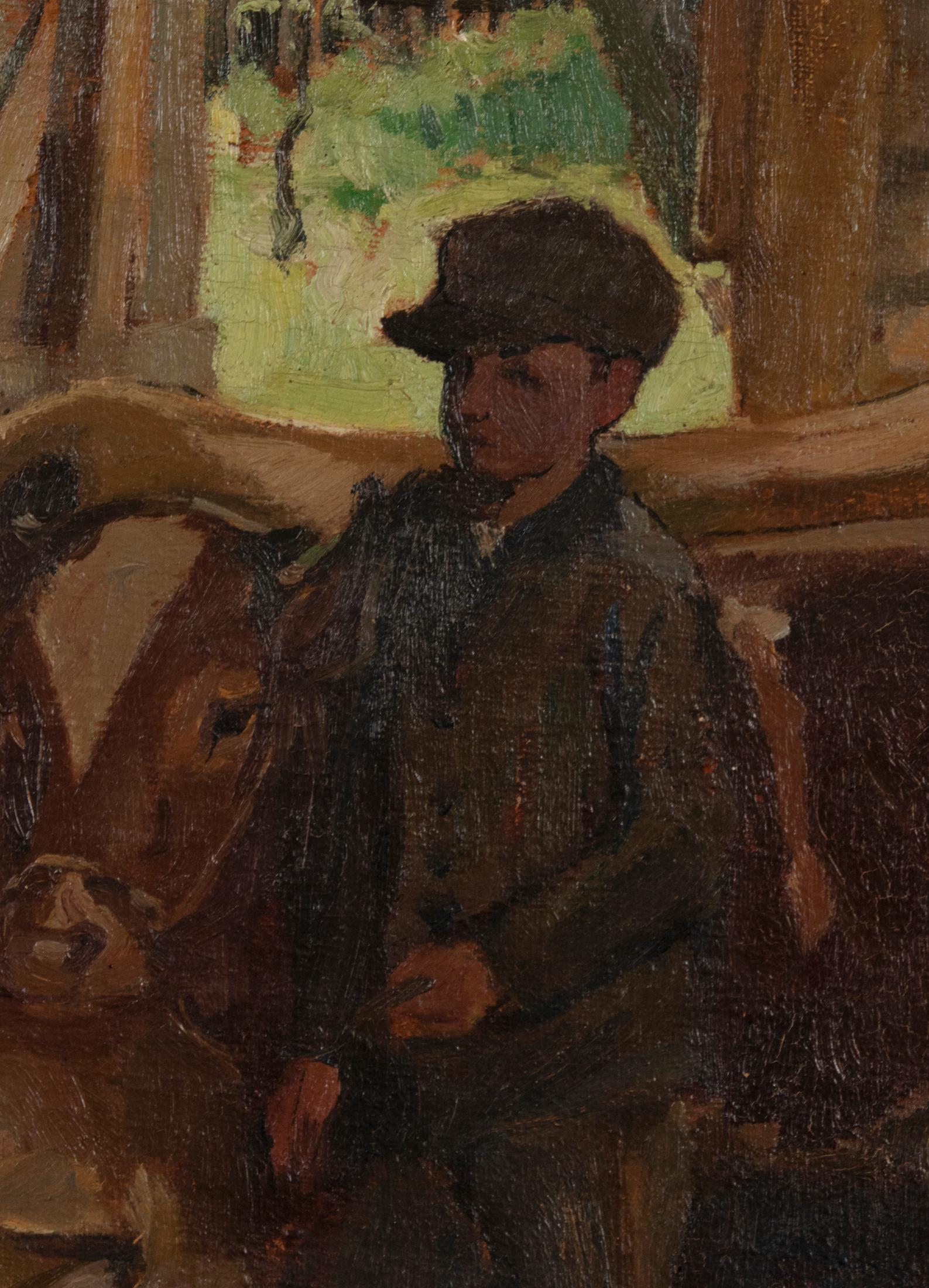 Early 20th Century Oil Painting Julius Junghans Young Boy with Cows For Sale 2