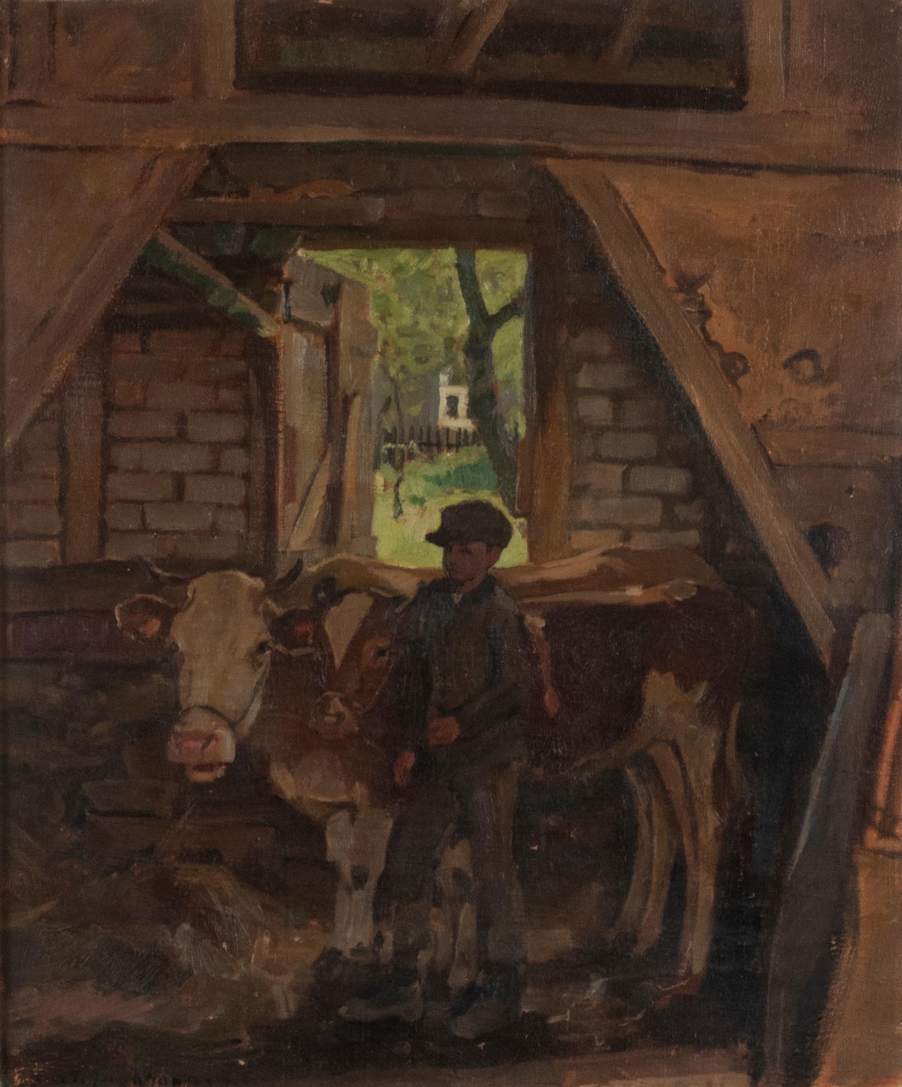 Early 20th Century Oil Painting Julius Junghans Young Boy with Cows For Sale 5