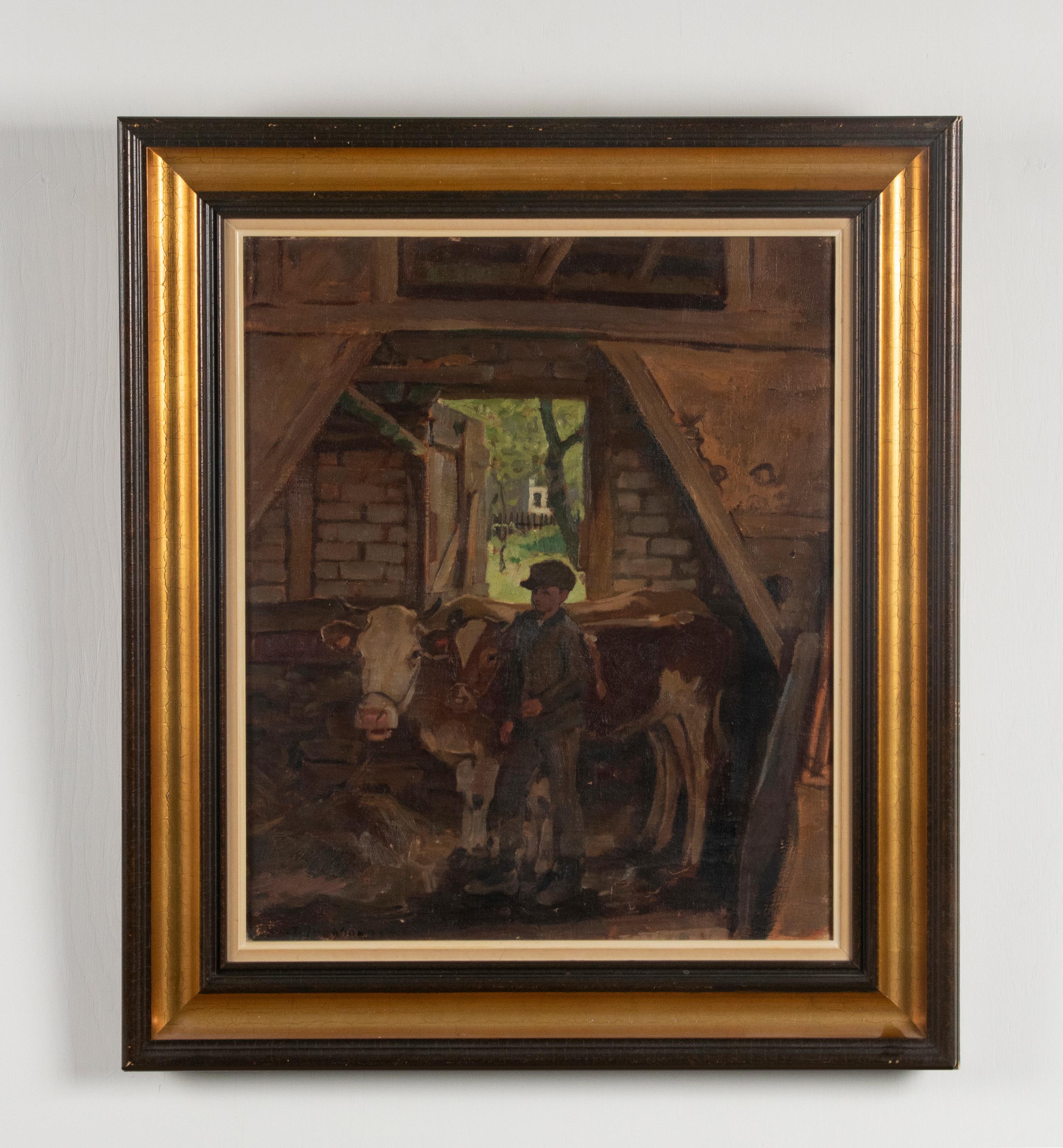 A rural painting with a boy in there stable wit a cow and calf. Signed left under Julius Paul Junghanns. Austria, 1876-1958. Oil on canvas. With a wooden gilded frame. The frame is not original, it's from the early 1960s. Striking and fine painted.