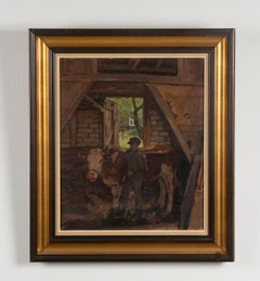 Early 20th Century Oil Painting Julius Junghans Young Boy with Cows