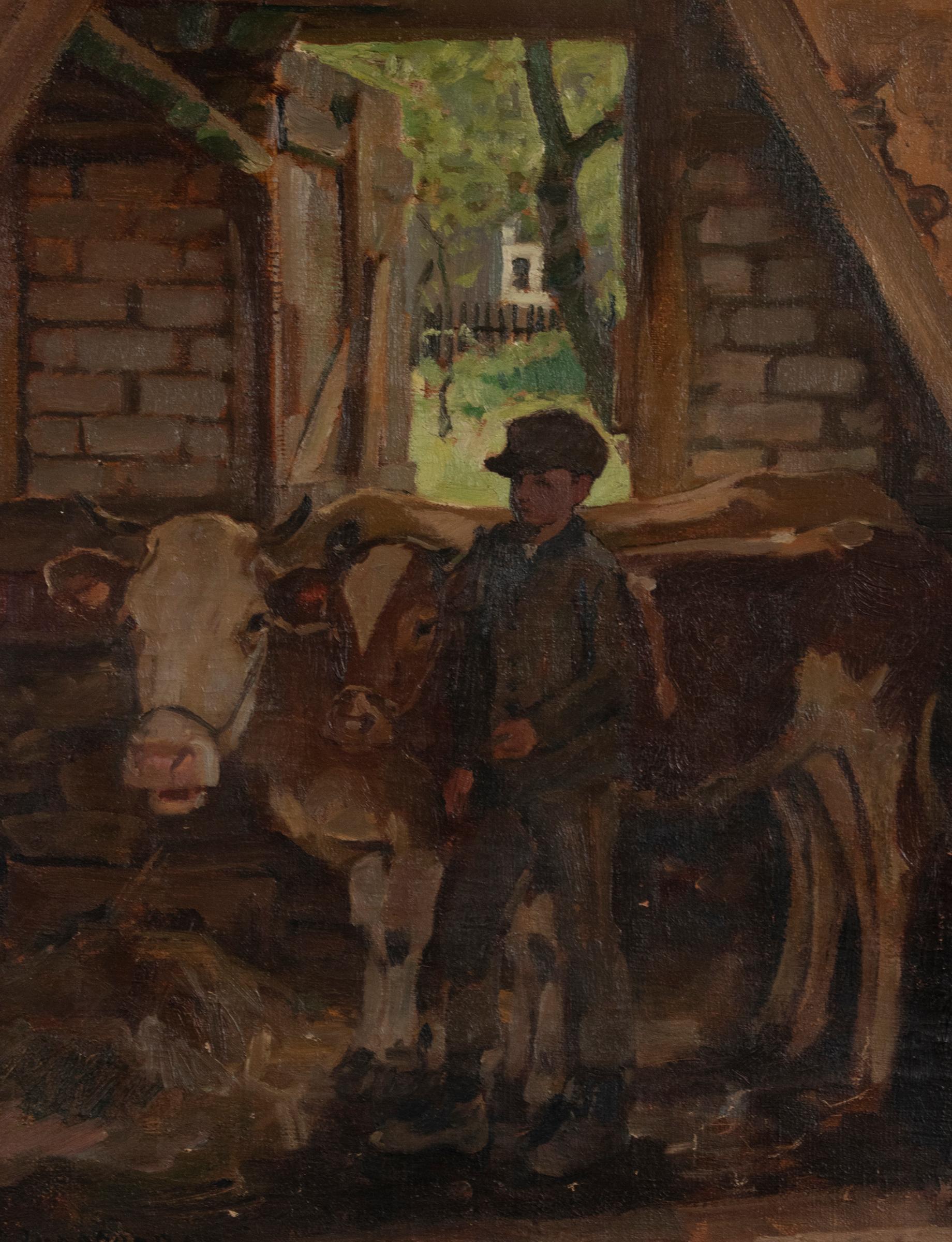 Early 20th Century Oil Painting Julius Junghans Young Boy with Cows For Sale 1
