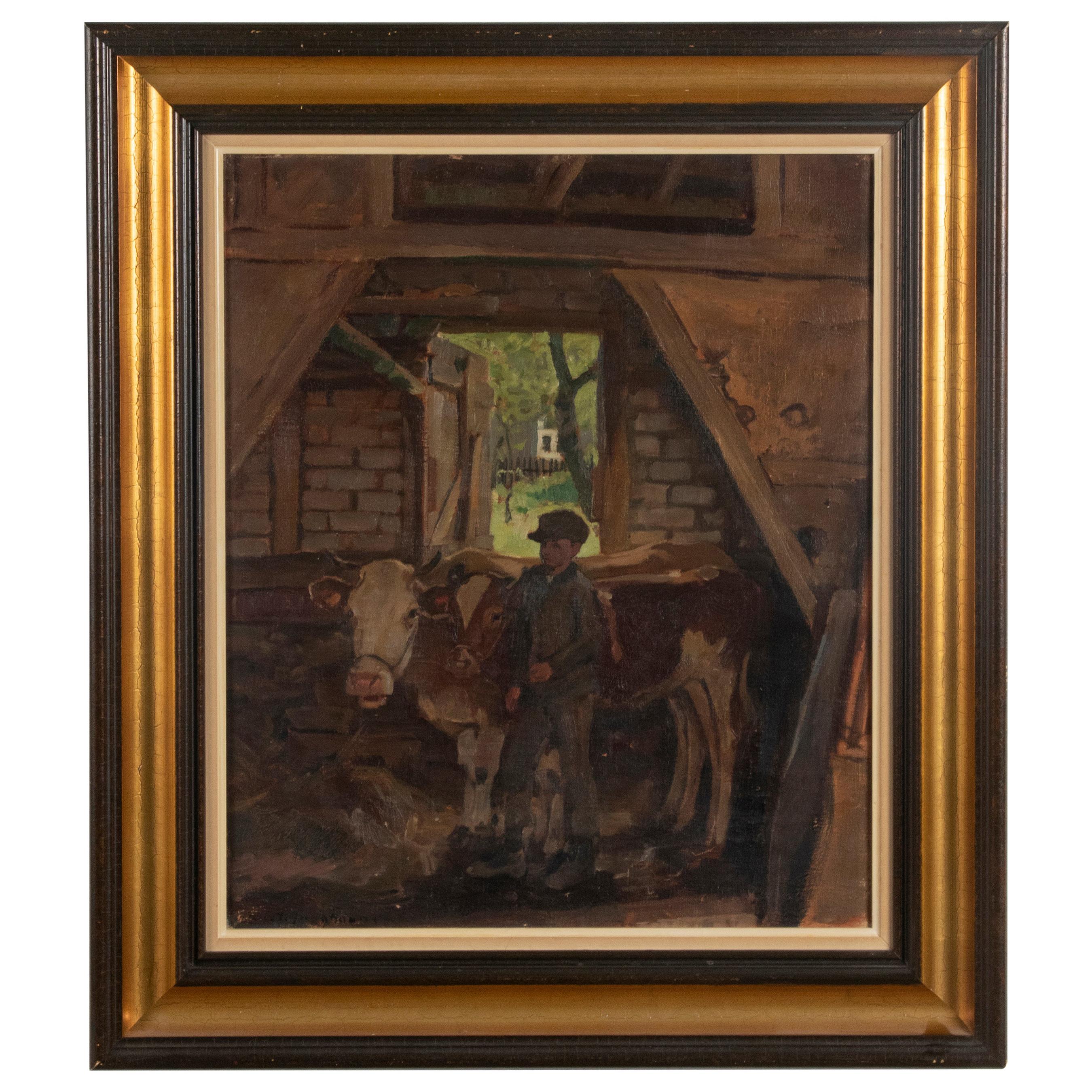 Early 20th Century Oil Painting Julius Junghans Young Boy with Cows For Sale