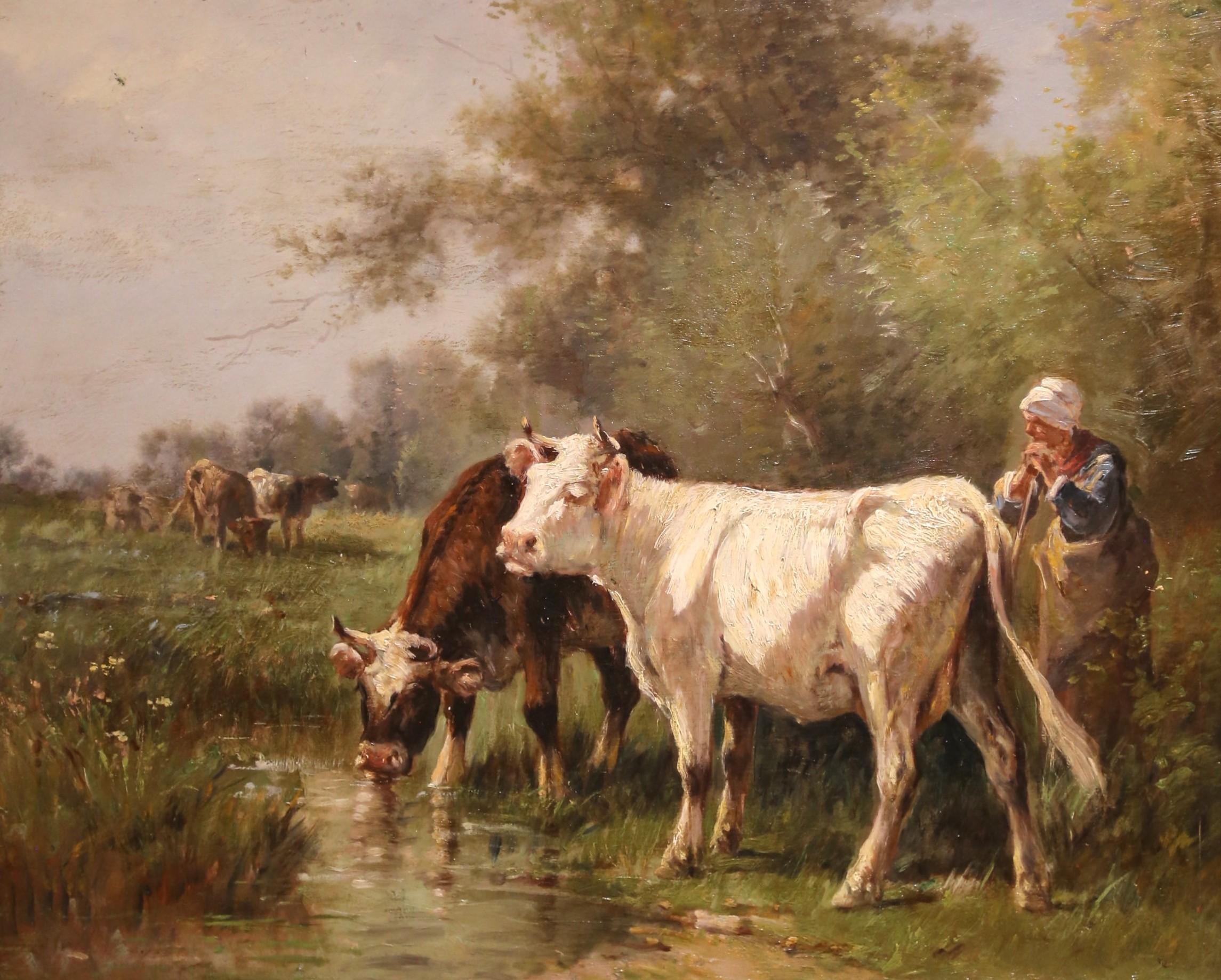French Early 20th Century Oil Painting of Cattle Watering, in the Manner of H. Schouten For Sale