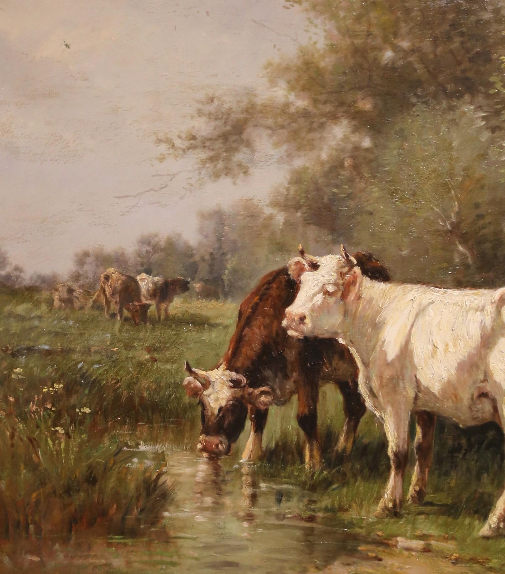 Gilt Early 20th Century Oil Painting of Cattle Watering, in the Manner of H. Schouten For Sale